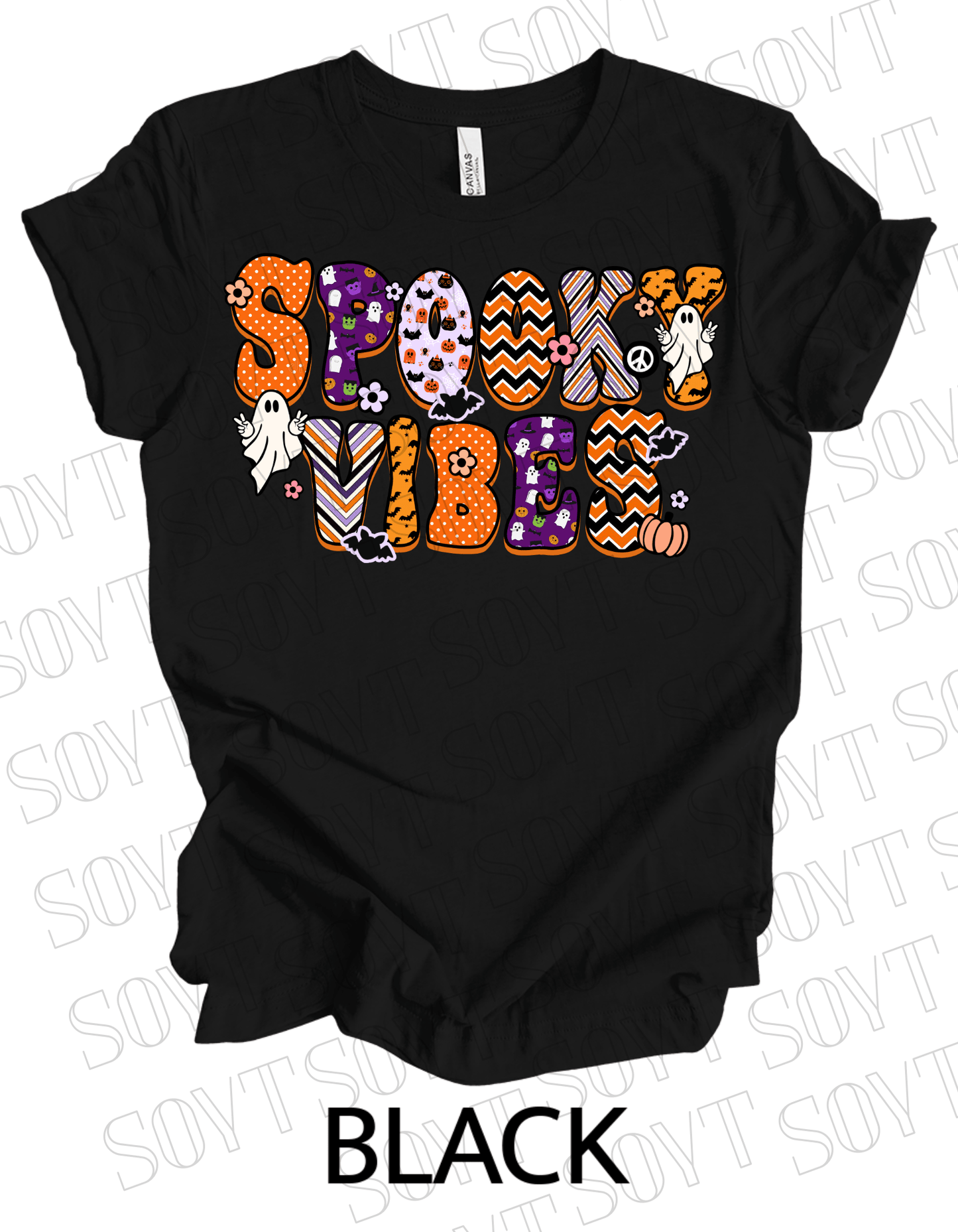 Spooky Vibes Halloween T-Shirt – Retro Ghosts, Bats & Pumpkin Graphic Tee - Festive Apparel StoreBlack