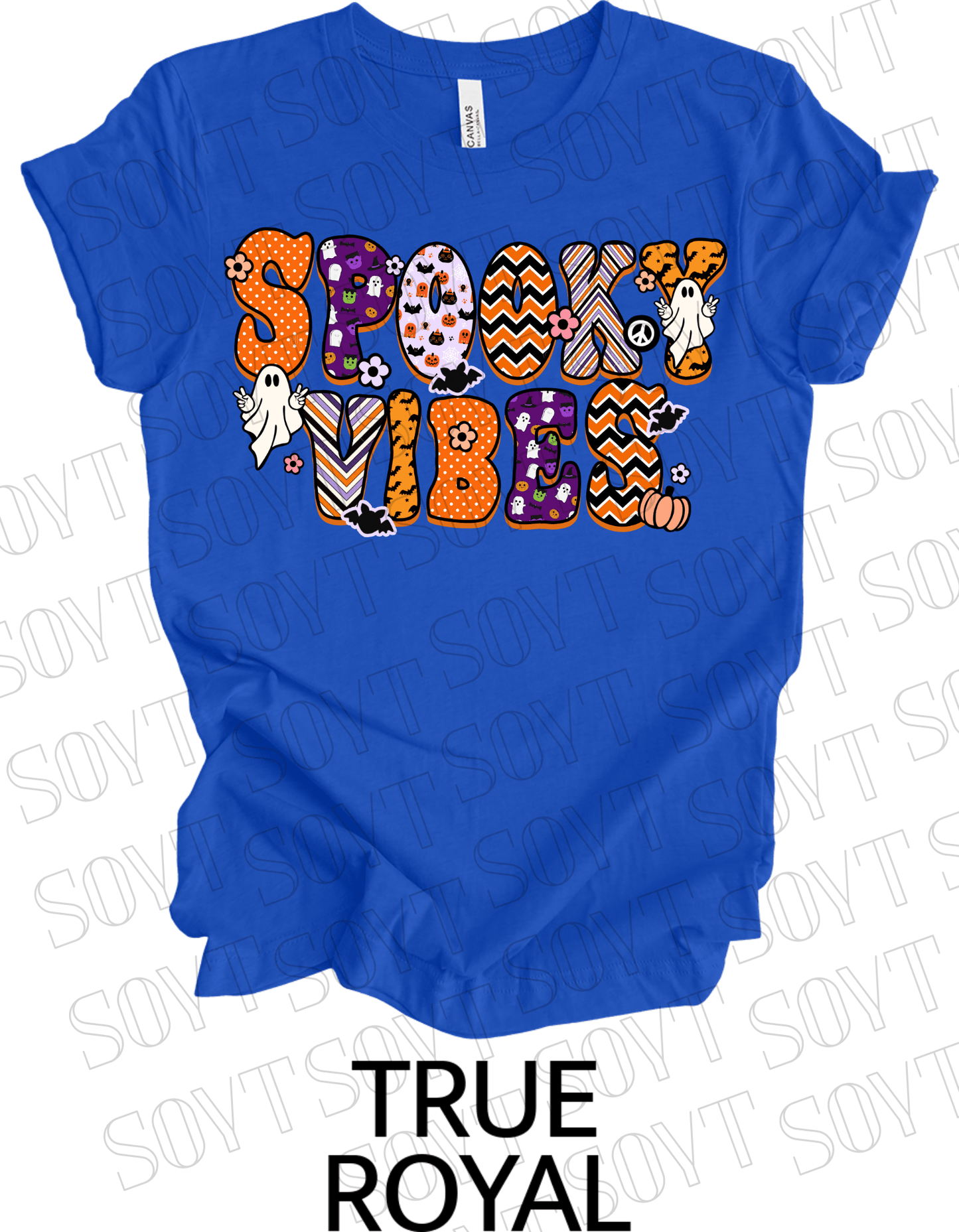 Spooky Vibes Halloween T-Shirt – Retro Ghosts, Bats & Pumpkin Graphic Tee - Festive Apparel StoreRoyal Blue