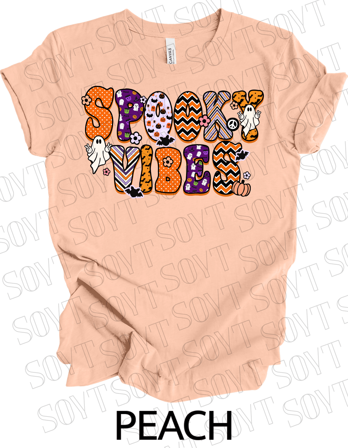 Spooky Vibes Halloween T-Shirt – Retro Ghosts, Bats & Pumpkin Graphic Tee - Festive Apparel StorePeach