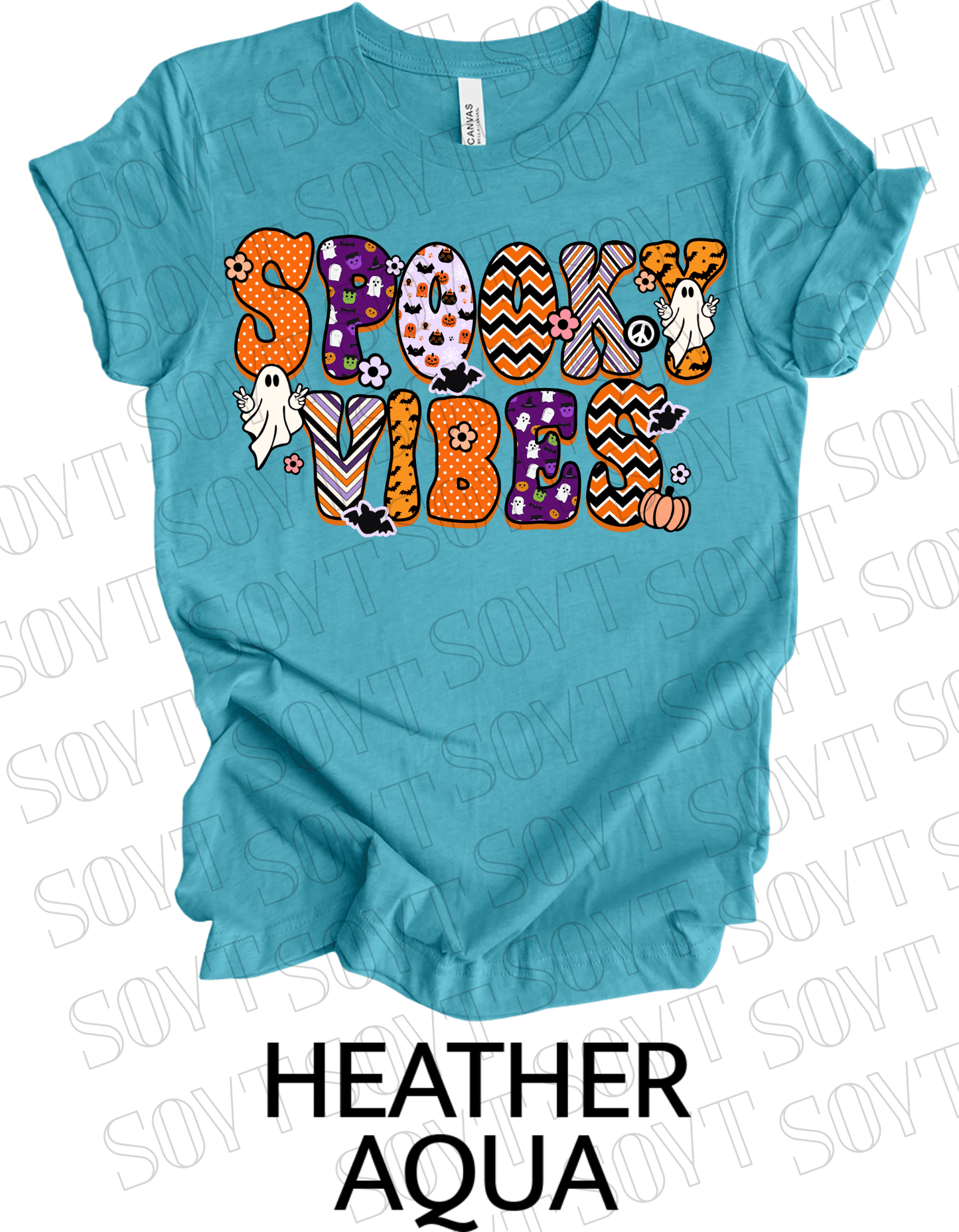 Spooky Vibes Halloween T-Shirt – Retro Ghosts, Bats & Pumpkin Graphic Tee - Festive Apparel StoreHeather Aqua