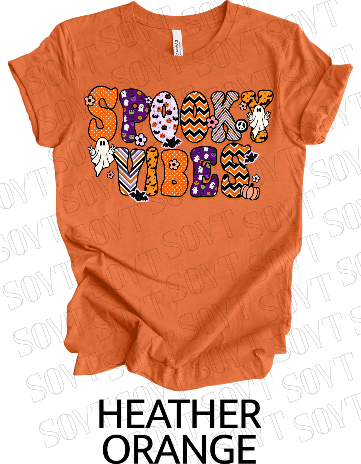 Spooky Vibes Halloween T-Shirt – Retro Ghosts, Bats & Pumpkin Graphic Tee - Festive Apparel StoreHeather Orange