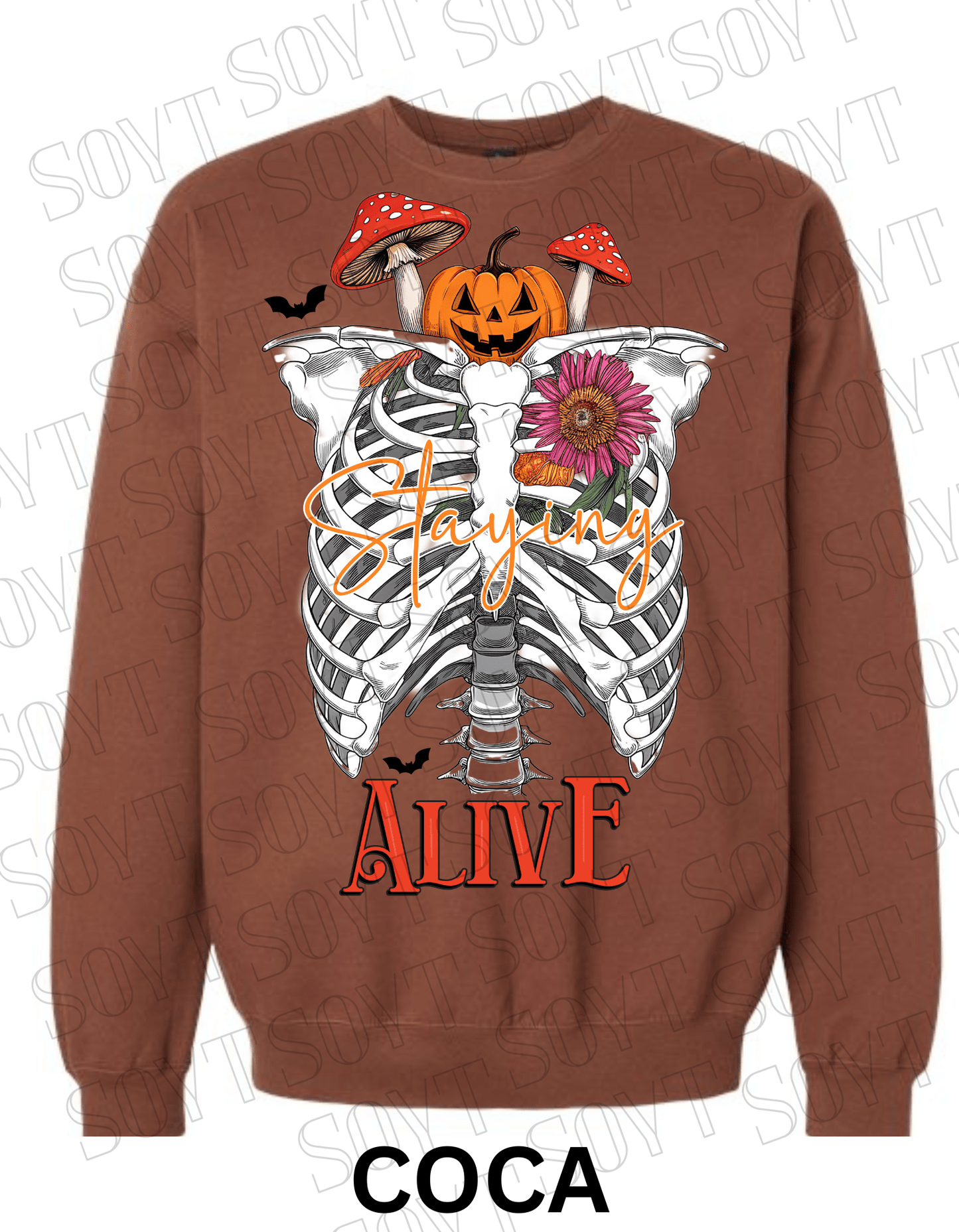 "Staying Alive" Halloween Sweatshirt – Skeleton Rib Cage with Pumpkin, Floral & Mushroom Graphic - Festive Apparel StoreCocoa Brown