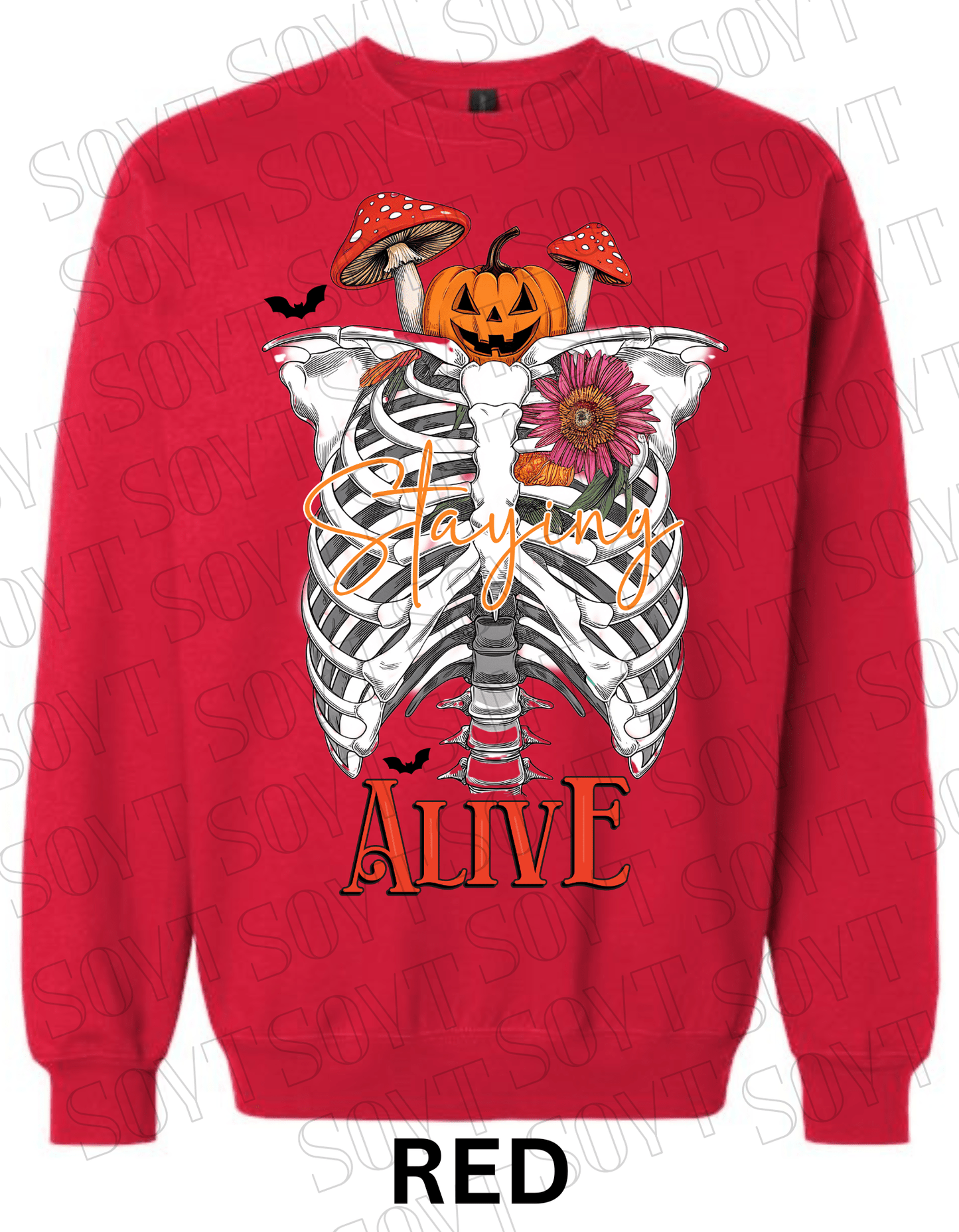 "Staying Alive" Halloween Sweatshirt – Skeleton Rib Cage with Pumpkin, Floral & Mushroom Graphic - Festive Apparel StoreRed