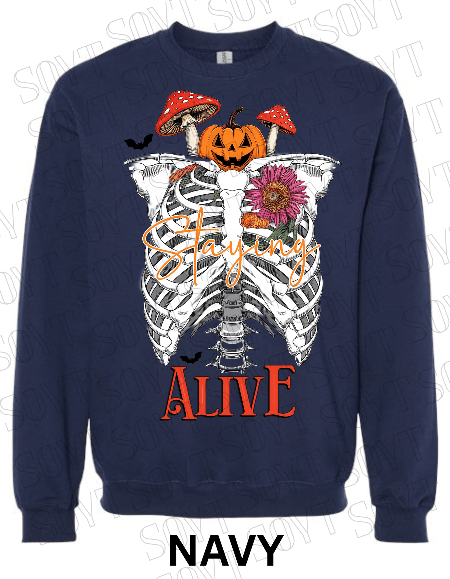 "Staying Alive" Halloween Sweatshirt – Skeleton Rib Cage with Pumpkin, Floral & Mushroom Graphic - Festive Apparel StoreNavy Blue