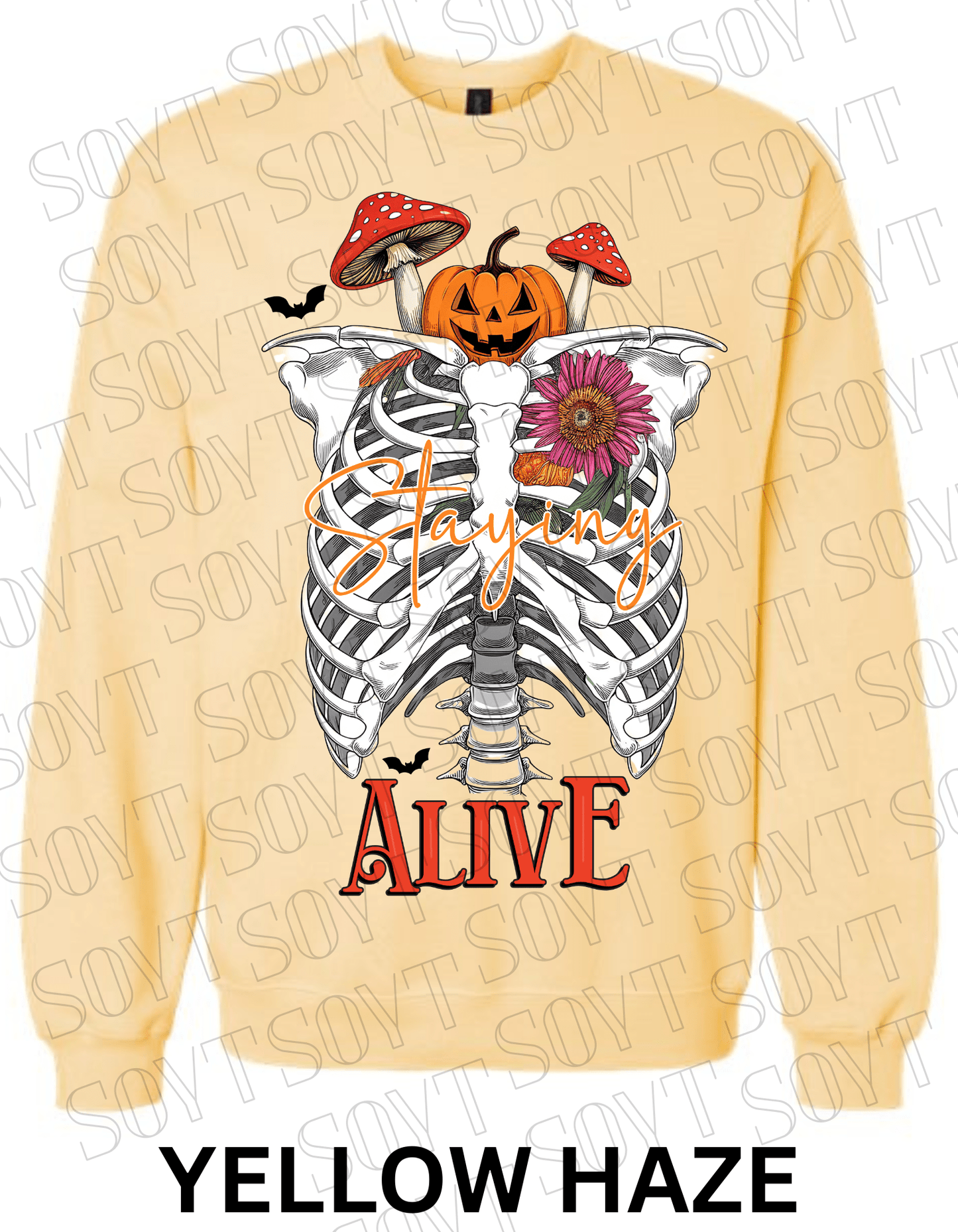 "Staying Alive" Halloween Sweatshirt – Skeleton Rib Cage with Pumpkin, Floral & Mushroom Graphic - Festive Apparel StoreYellow Haze