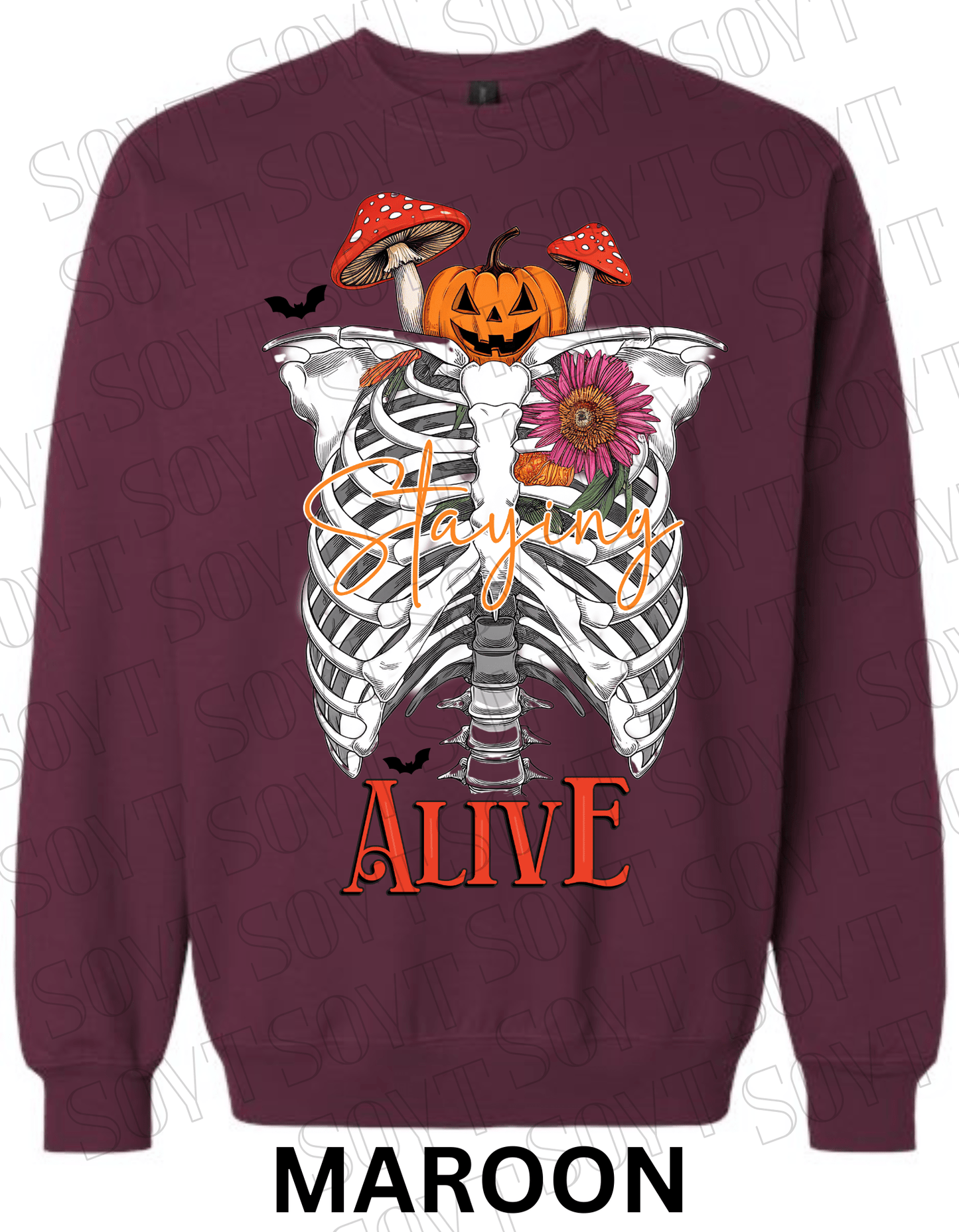 "Staying Alive" Halloween Sweatshirt – Skeleton Rib Cage with Pumpkin, Floral & Mushroom Graphic - Festive Apparel StoreMaroon