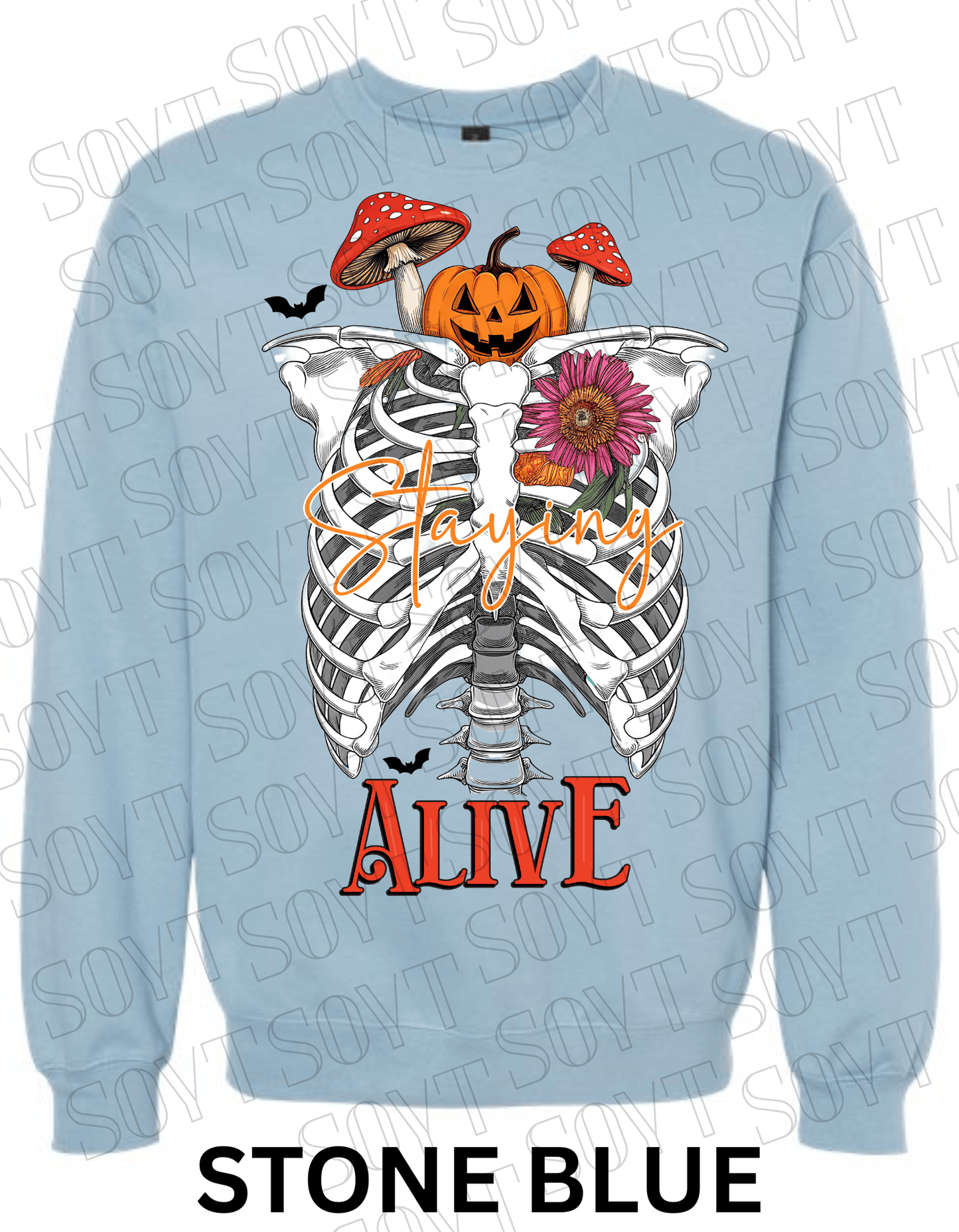 "Staying Alive" Halloween Sweatshirt – Skeleton Rib Cage with Pumpkin, Floral & Mushroom Graphic - Festive Apparel StoreStone Blue