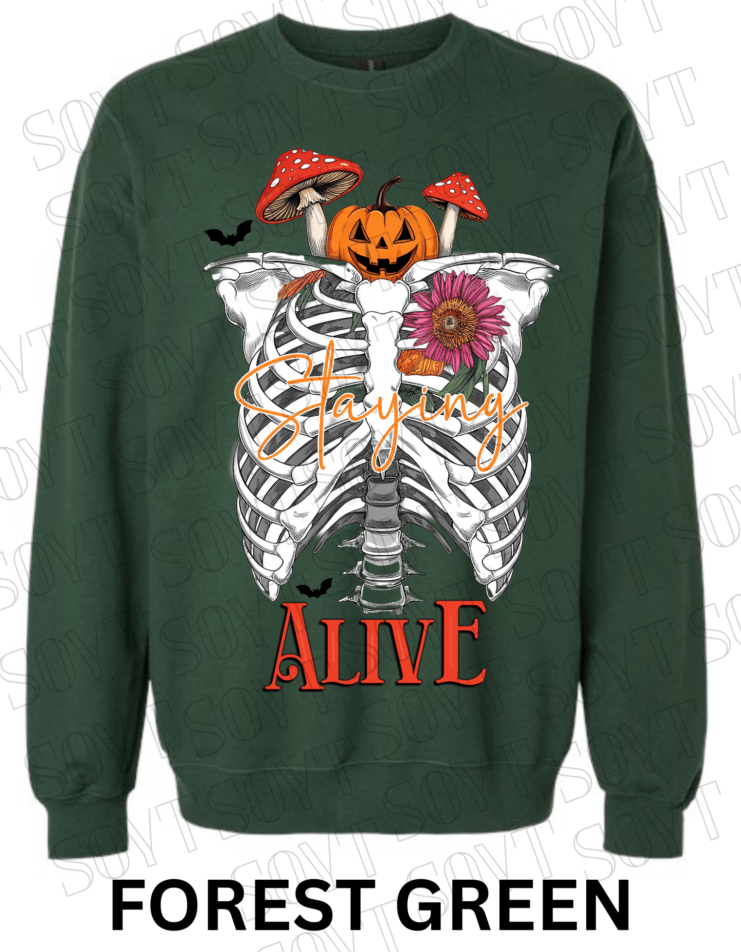 "Staying Alive" Halloween Sweatshirt – Skeleton Rib Cage with Pumpkin, Floral & Mushroom Graphic - Festive Apparel StoreForest Green