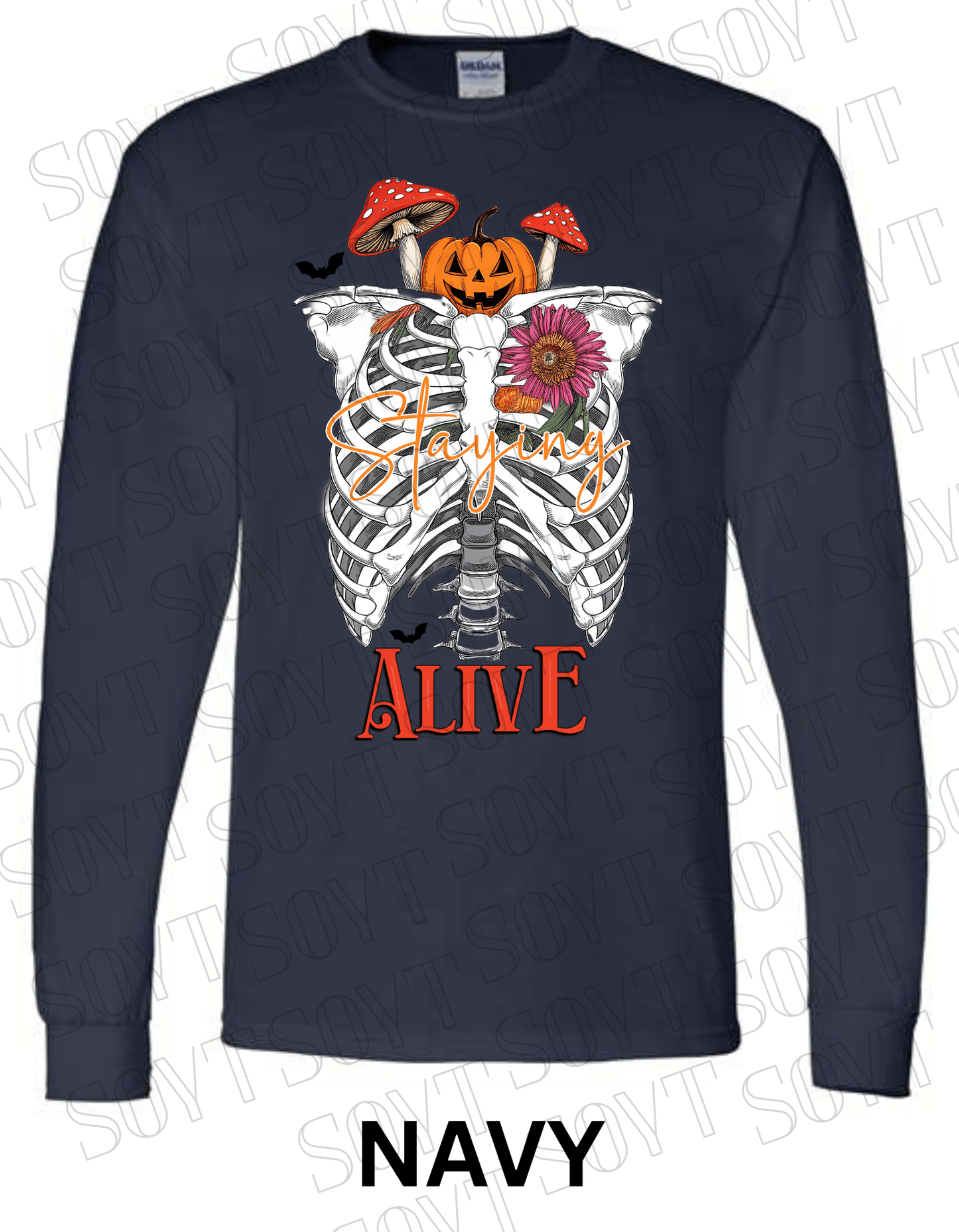 "Staying Alive" Long Sleeve Shirt – Skeleton Rib Cage with Pumpkin, Mushroom & Floral Halloween Graphic - Festive Apparel StoreNavy Blue