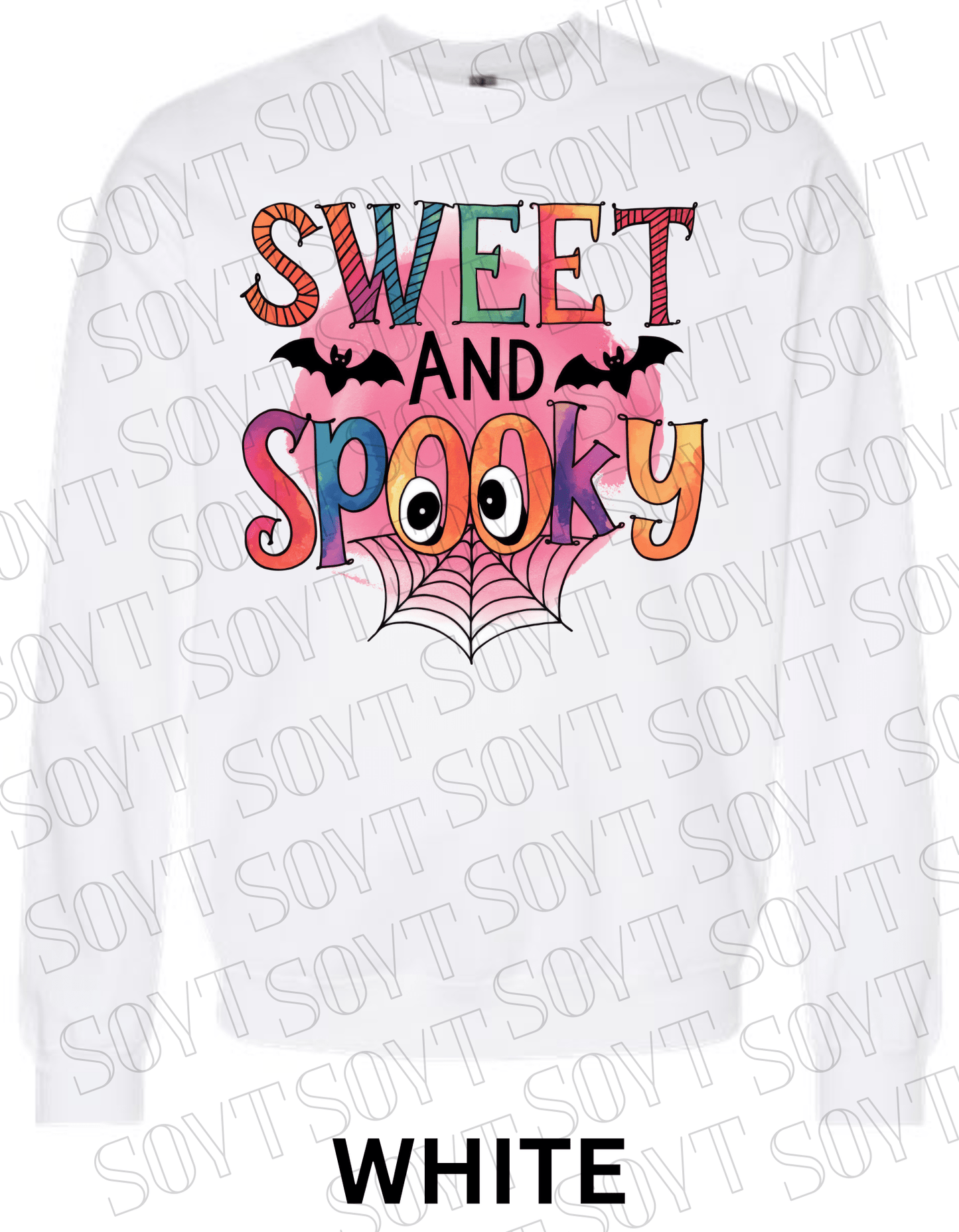 Sweet & Spooky Halloween Sweatshirt – Colorful Lettering with Spider Web, Eyes & Bat Accents - Festive Apparel StoreWhite