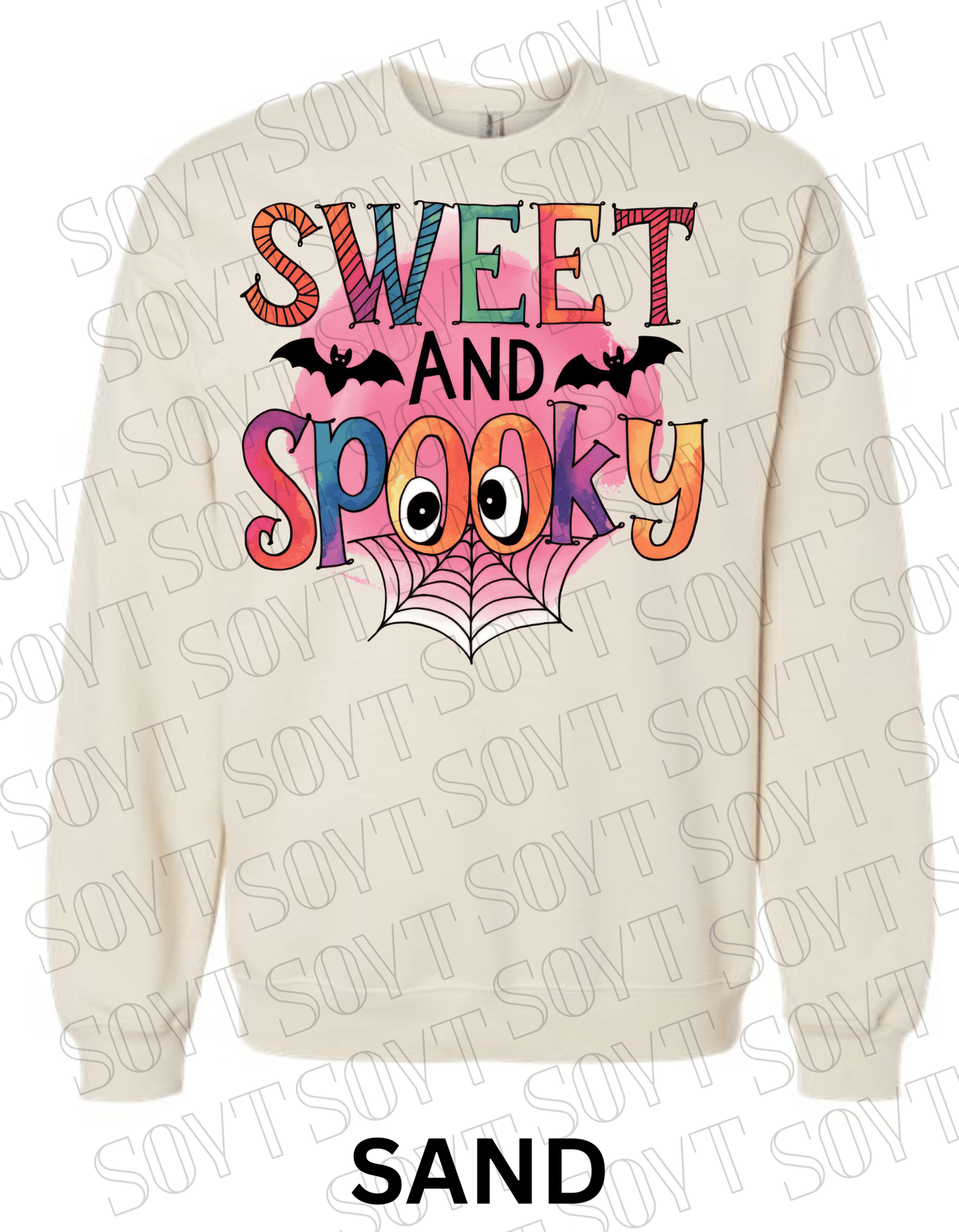 Sweet & Spooky Halloween Sweatshirt – Colorful Lettering with Spider Web, Eyes & Bat Accents - Festive Apparel StoreSand