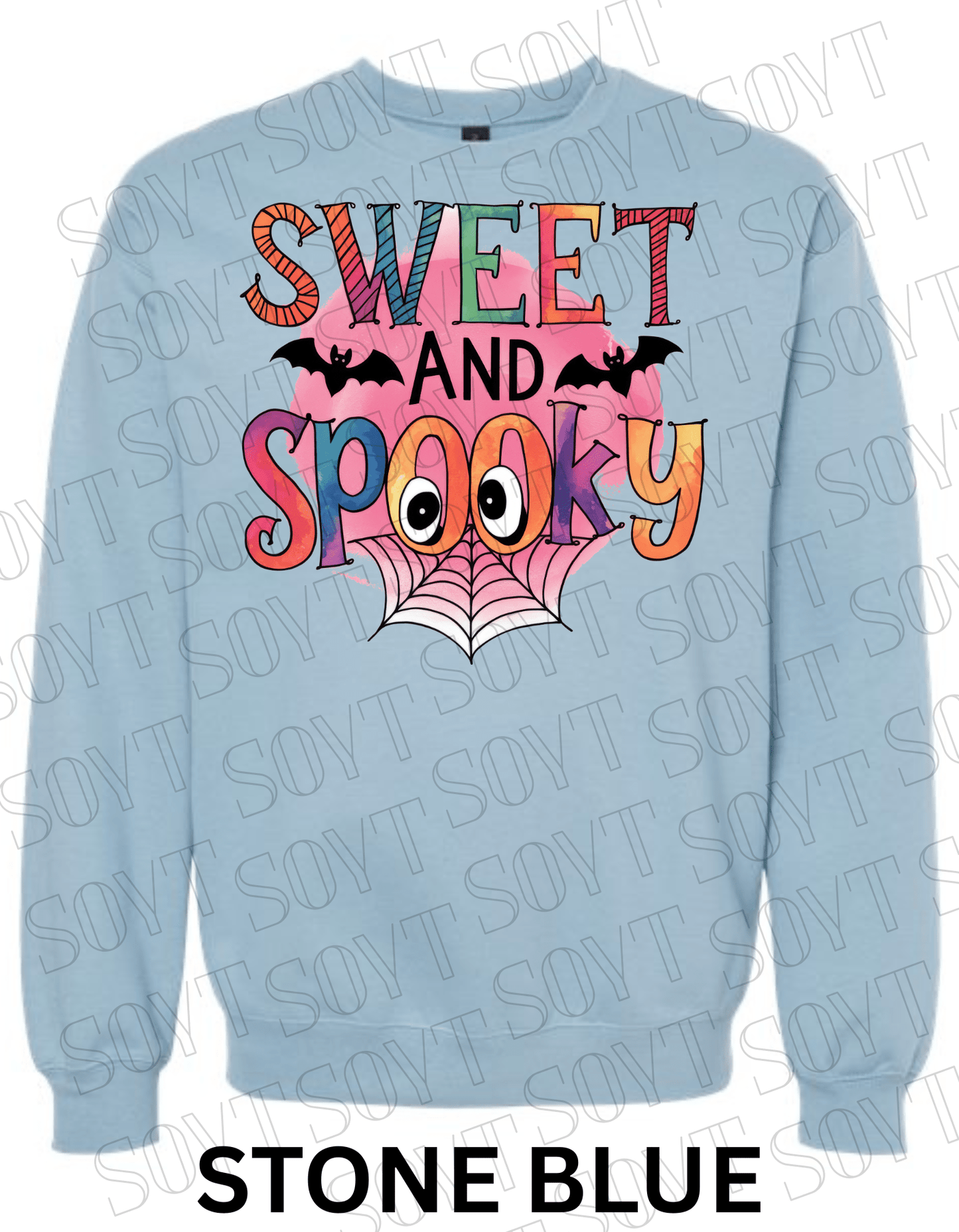 Sweet & Spooky Halloween Sweatshirt – Colorful Lettering with Spider Web, Eyes & Bat Accents - Festive Apparel StoreStone Blue