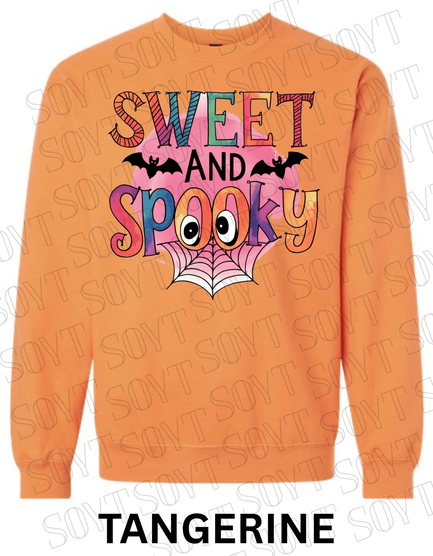 Sweet & Spooky Halloween Sweatshirt – Colorful Lettering with Spider Web, Eyes & Bat Accents - Festive Apparel StoreTangerine