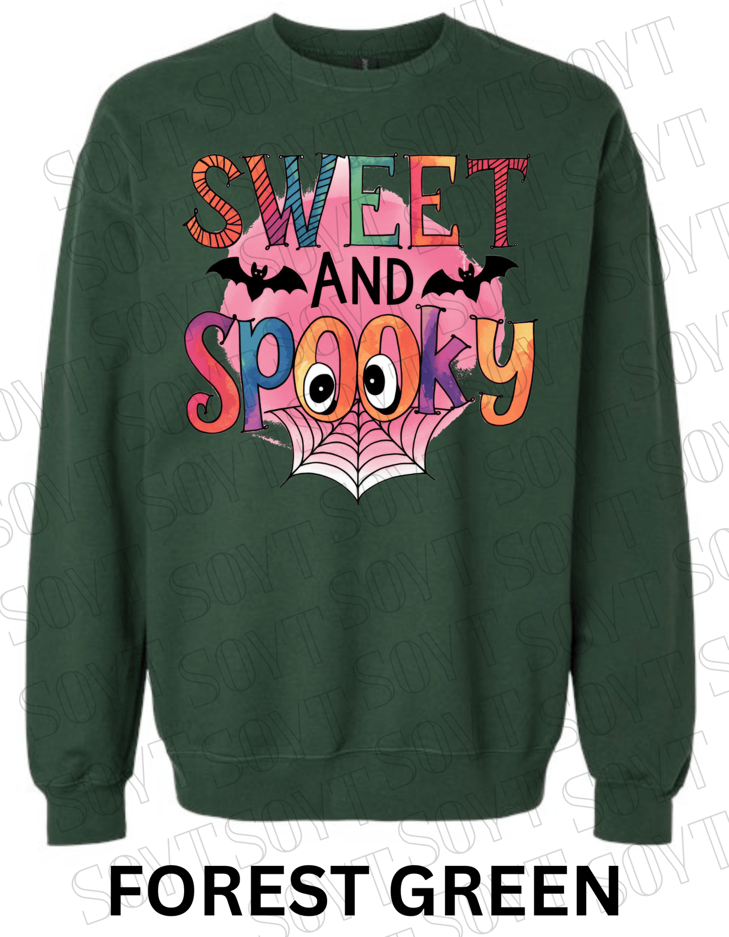 Sweet & Spooky Halloween Sweatshirt – Colorful Lettering with Spider Web, Eyes & Bat Accents - Festive Apparel StoreForest Green