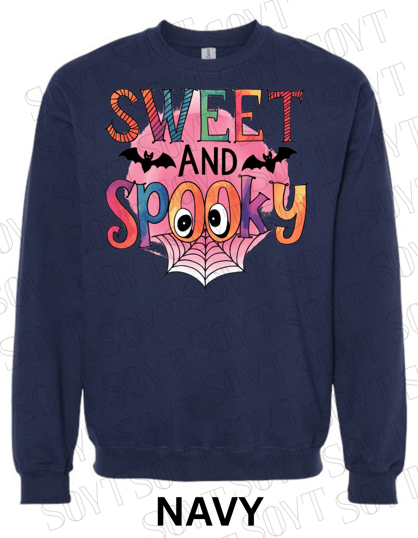 Sweet & Spooky Halloween Sweatshirt – Colorful Lettering with Spider Web, Eyes & Bat Accents - Festive Apparel StoreNavy Blue