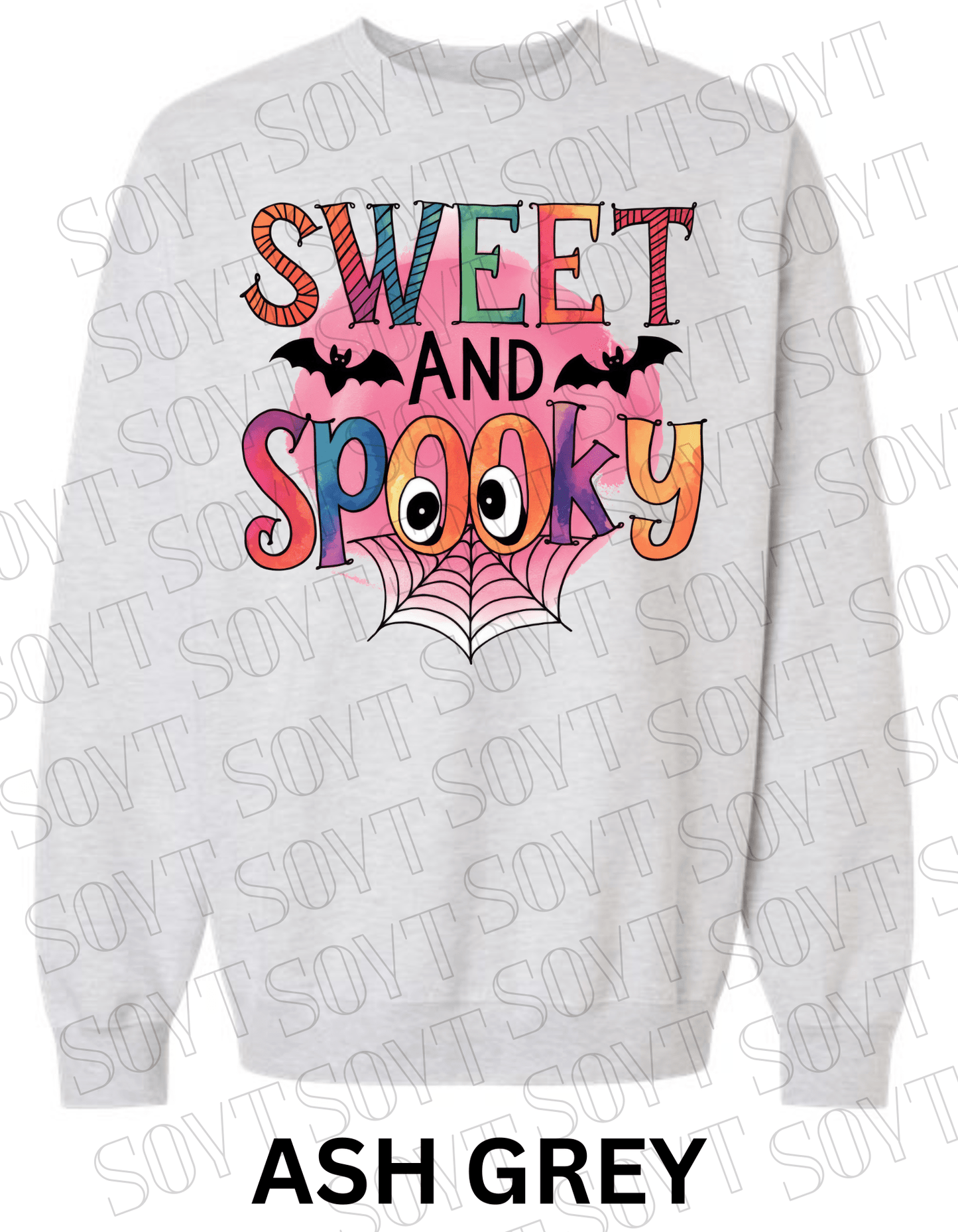 Sweet & Spooky Halloween Sweatshirt – Colorful Lettering with Spider Web, Eyes & Bat Accents - Festive Apparel StoreAsh Grey