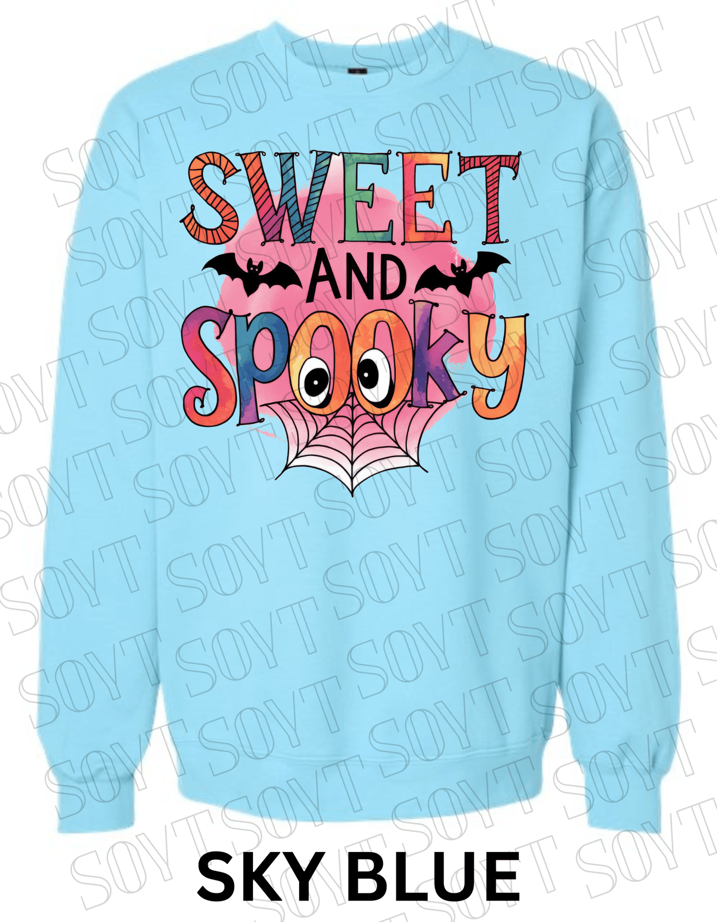 Sweet & Spooky Halloween Sweatshirt – Colorful Lettering with Spider Web, Eyes & Bat Accents - Festive Apparel StoreSky Blue
