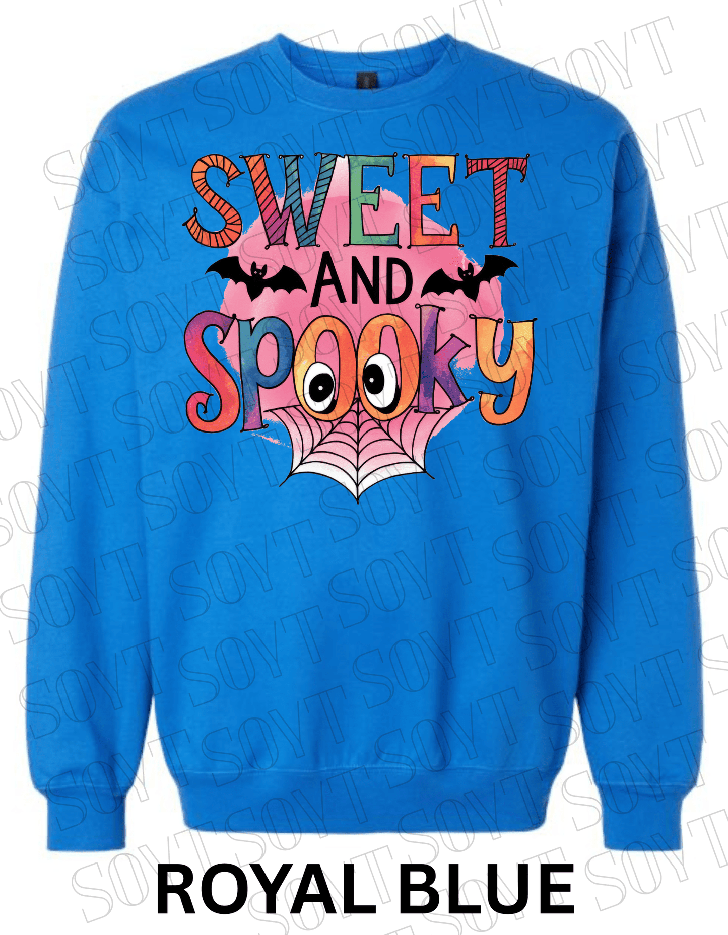 Sweet & Spooky Halloween Sweatshirt – Colorful Lettering with Spider Web, Eyes & Bat Accents - Festive Apparel StoreRoyal Blue