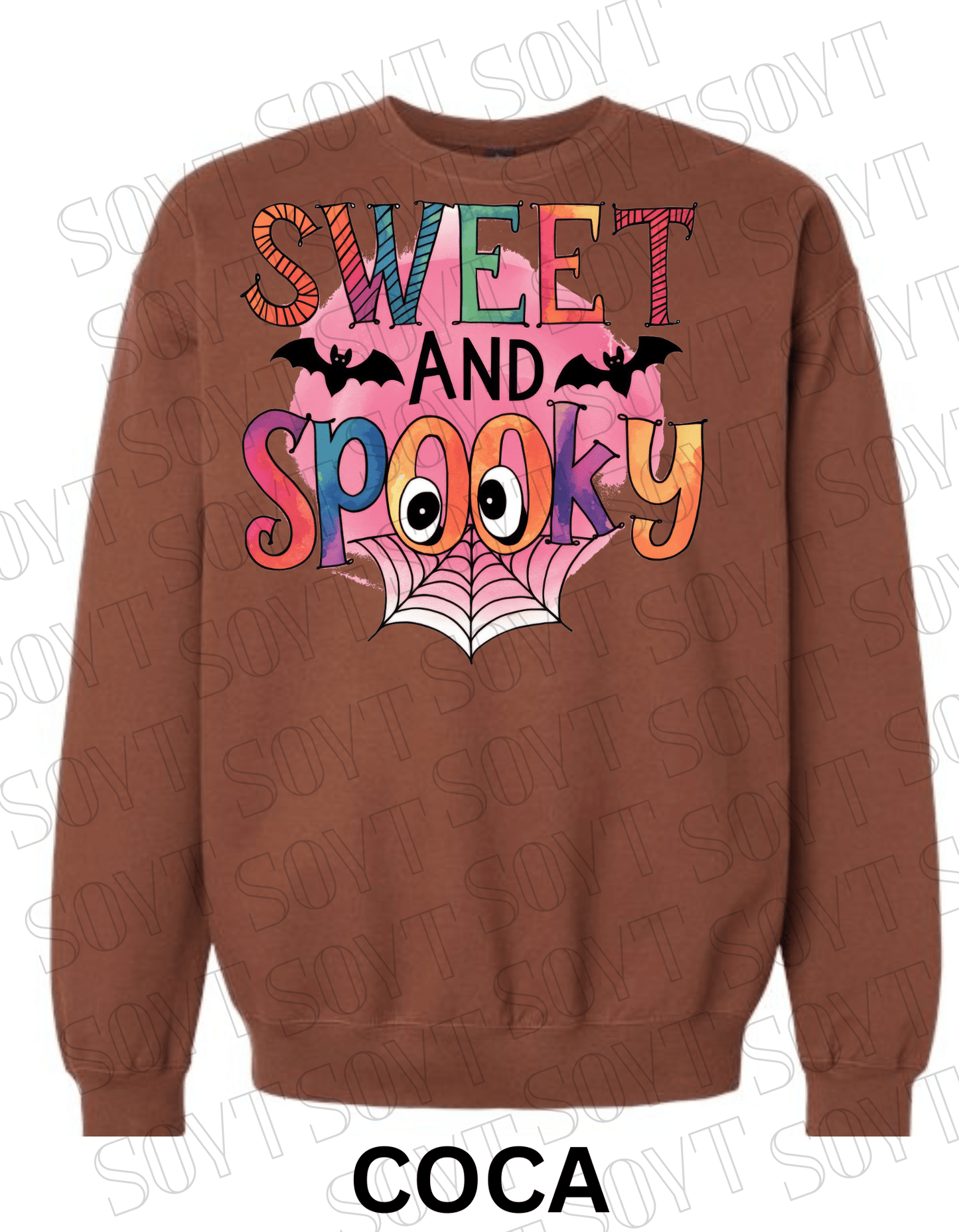 Sweet & Spooky Halloween Sweatshirt – Colorful Lettering with Spider Web, Eyes & Bat Accents - Festive Apparel StoreCocoa Brown
