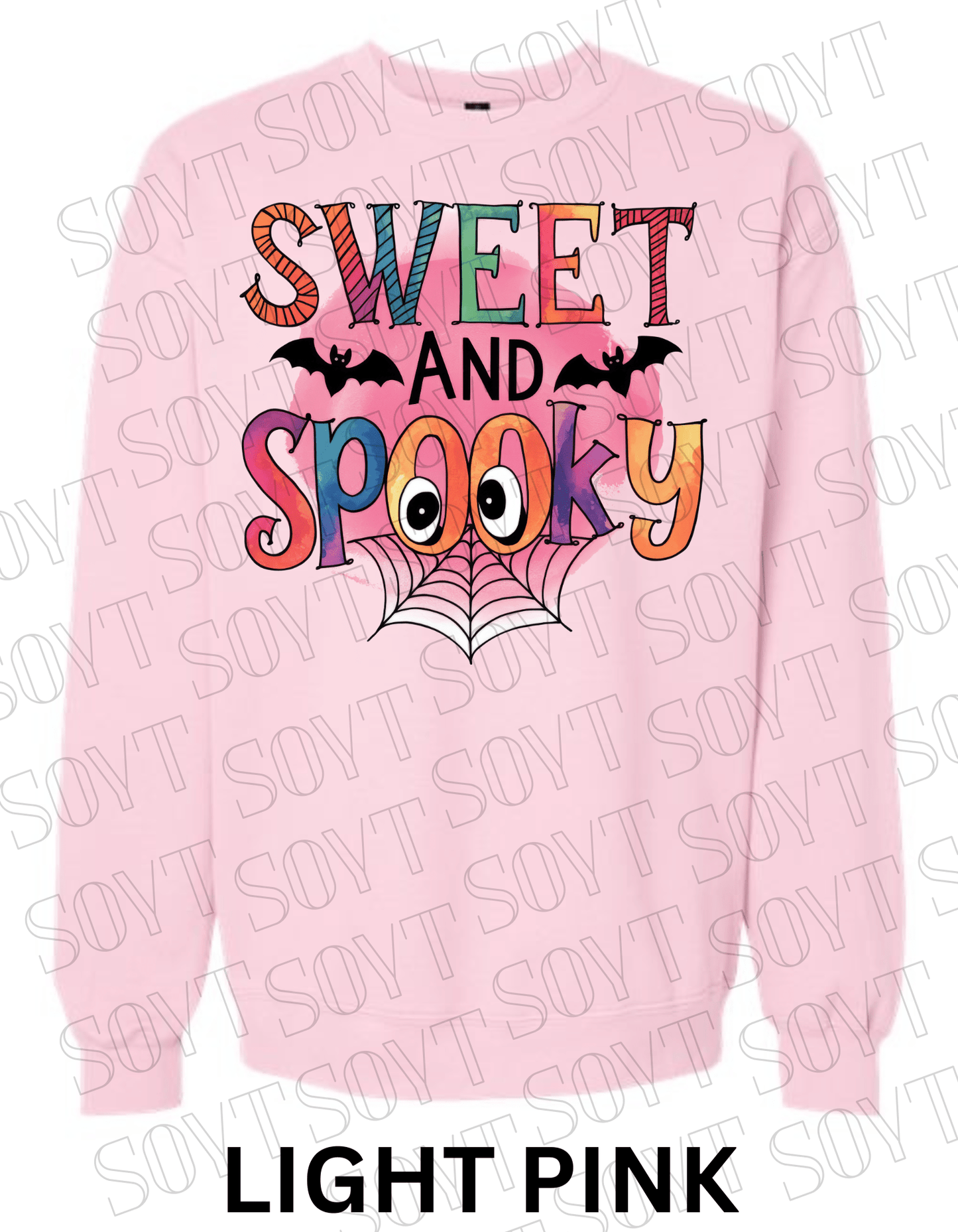 Sweet & Spooky Halloween Sweatshirt – Colorful Lettering with Spider Web, Eyes & Bat Accents - Festive Apparel StoreLight Pink