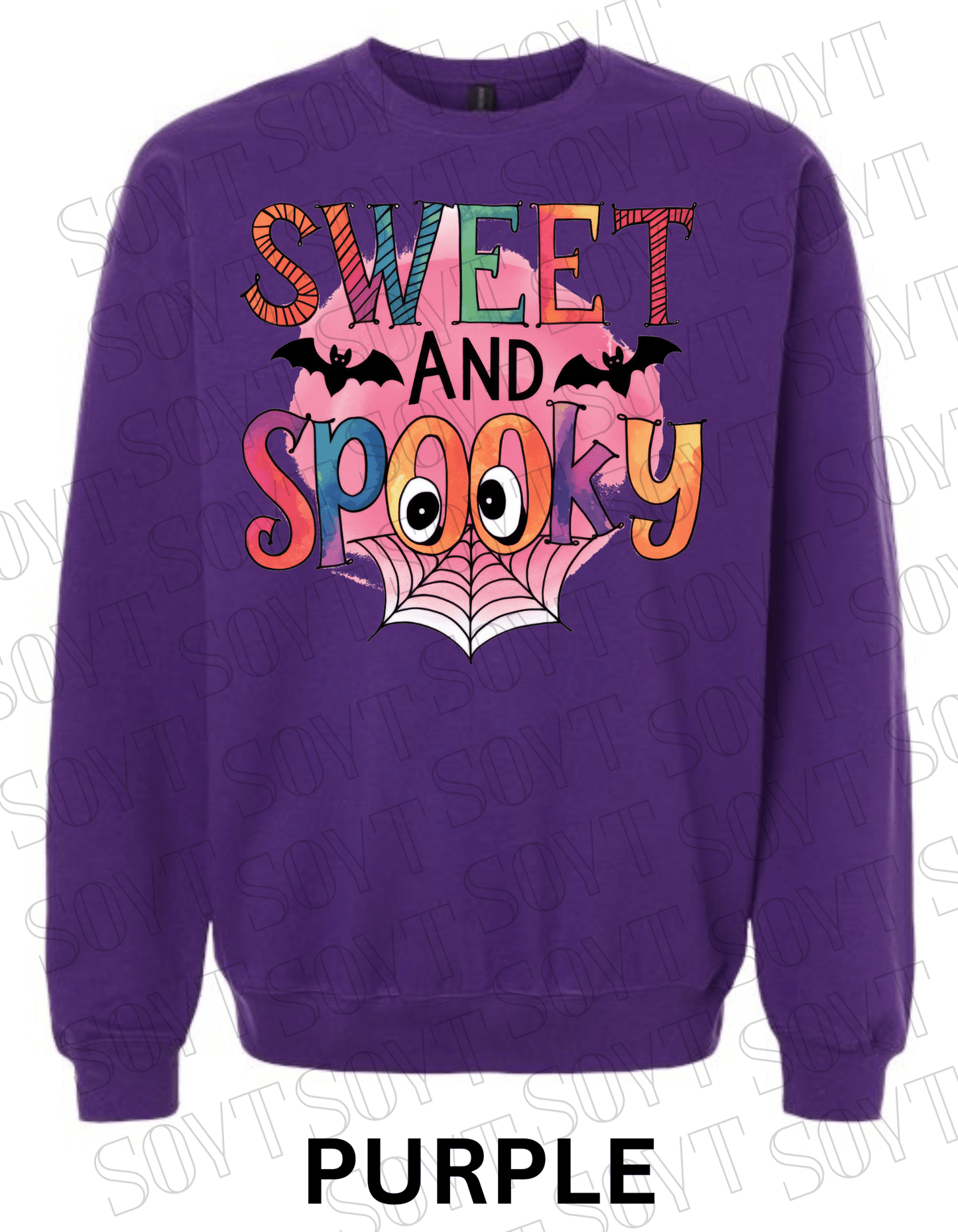 Sweet & Spooky Halloween Sweatshirt – Colorful Lettering with Spider Web, Eyes & Bat Accents - Festive Apparel StorePurple