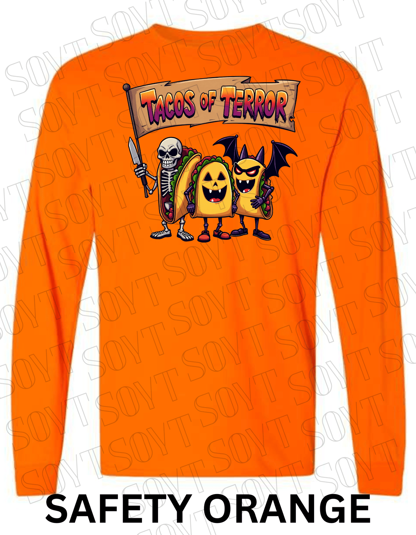 Tacos of Terror Halloween Long Sleeve Shirt – Skeleton & Spooky Taco Trio Graphic Tee - Festive Apparel StoreSafety Orange