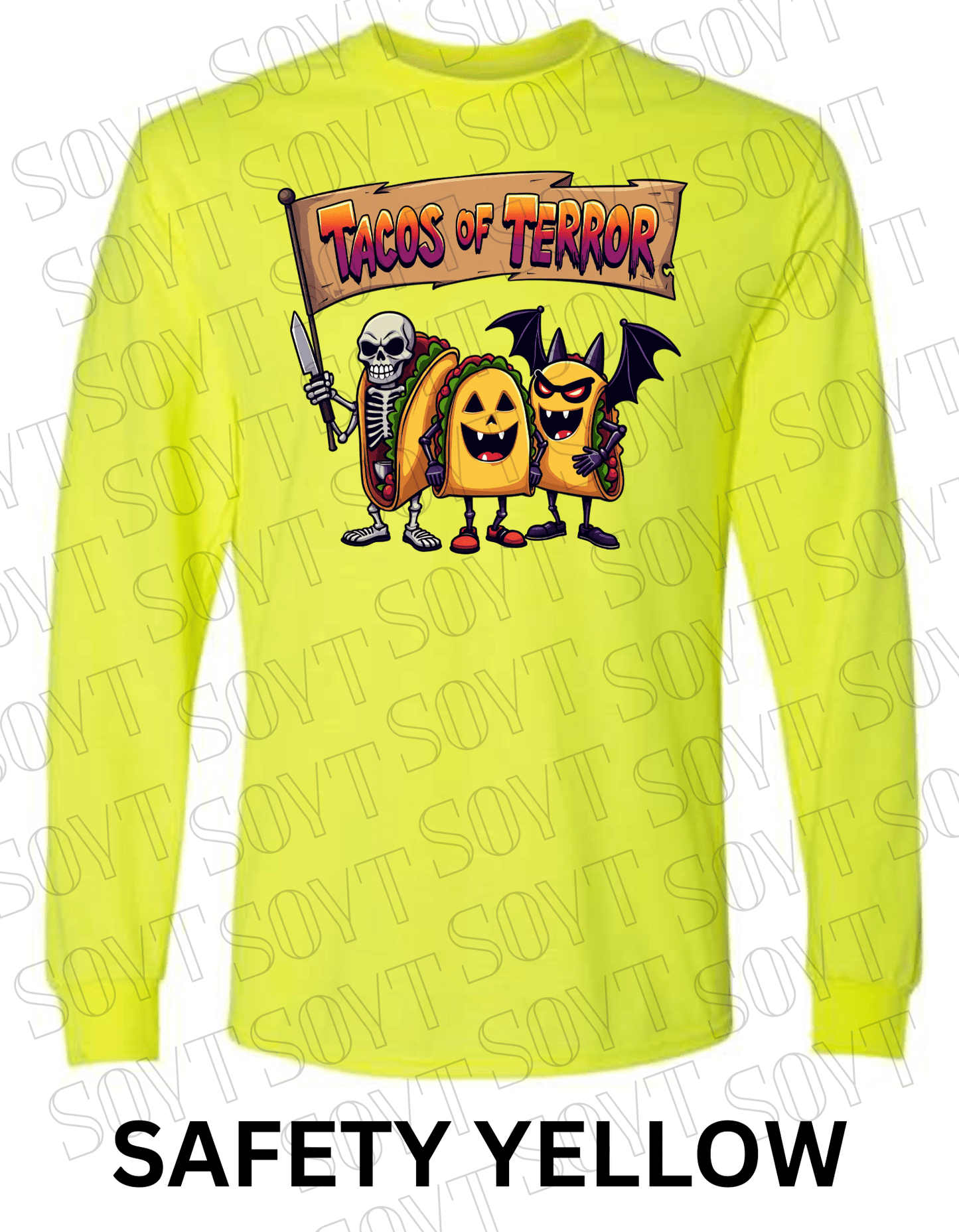 Tacos of Terror Halloween Long Sleeve Shirt – Skeleton & Spooky Taco Trio Graphic Tee - Festive Apparel StoreSafety Yellow