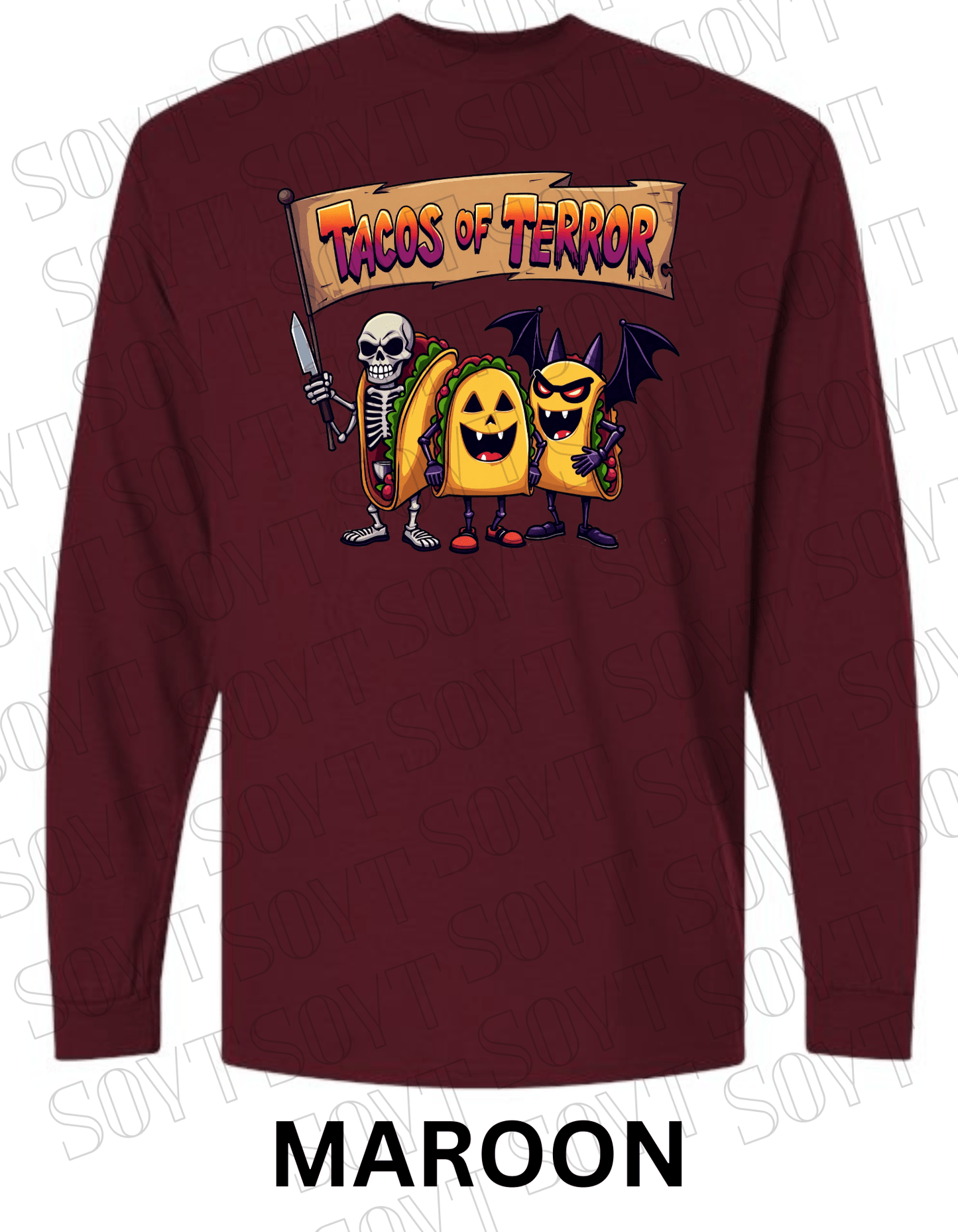 Tacos of Terror Halloween Long Sleeve Shirt – Skeleton & Spooky Taco Trio Graphic Tee - Festive Apparel StoreMaroon
