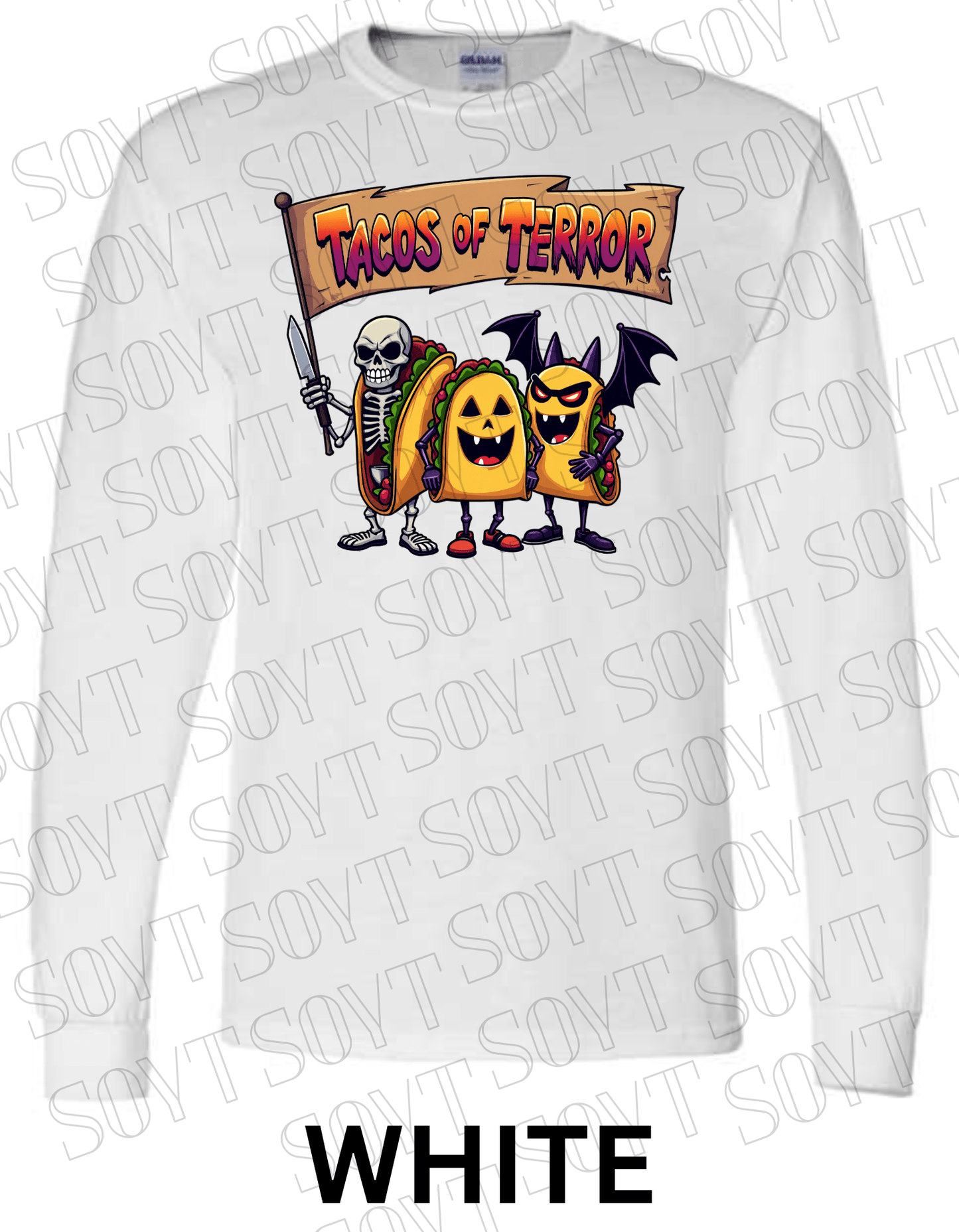 Tacos of Terror Halloween Long Sleeve Shirt – Skeleton & Spooky Taco Trio Graphic Tee - Festive Apparel StoreWhite
