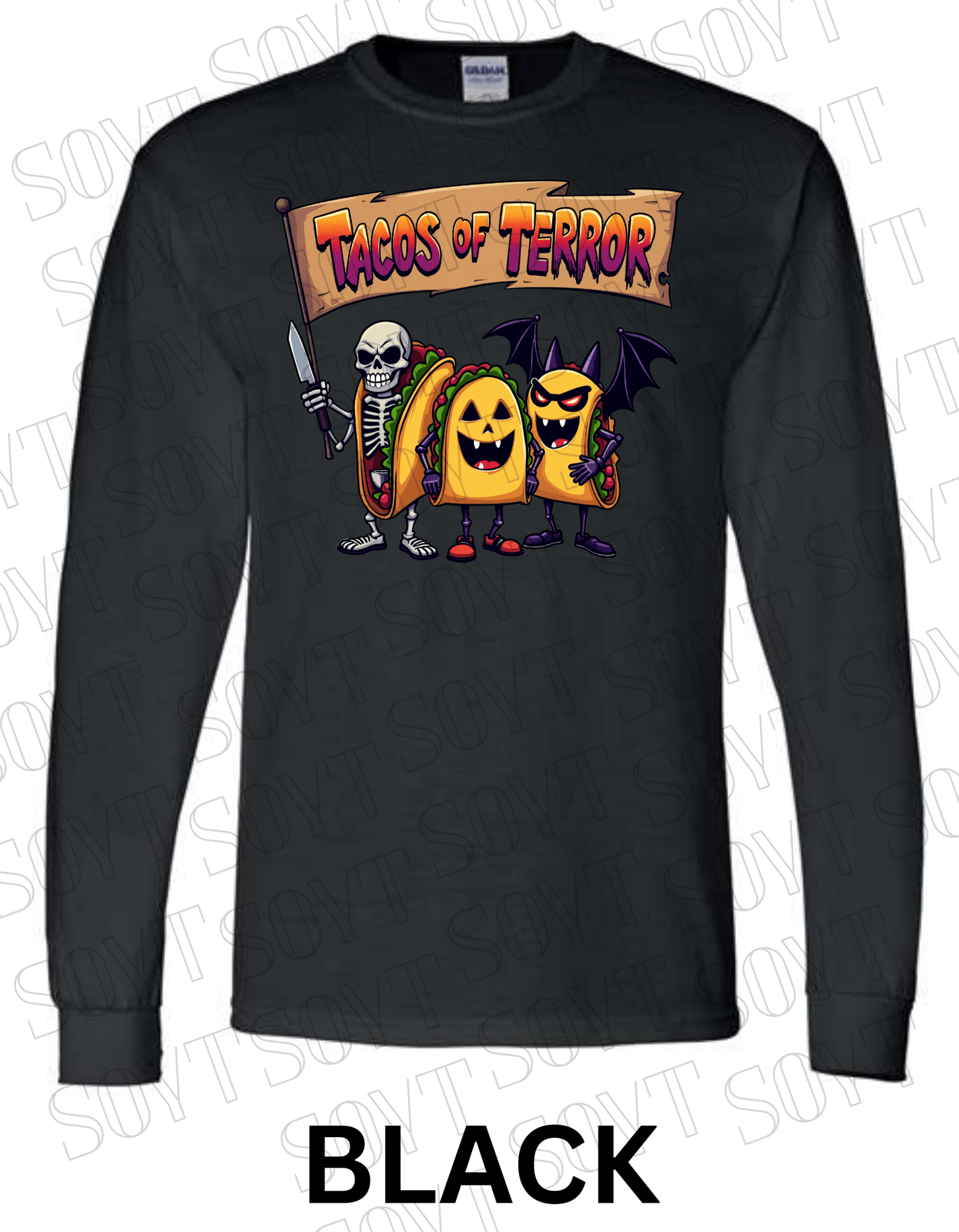 Tacos of Terror Halloween Long Sleeve Shirt – Skeleton & Spooky Taco Trio Graphic Tee - Festive Apparel StoreBlack