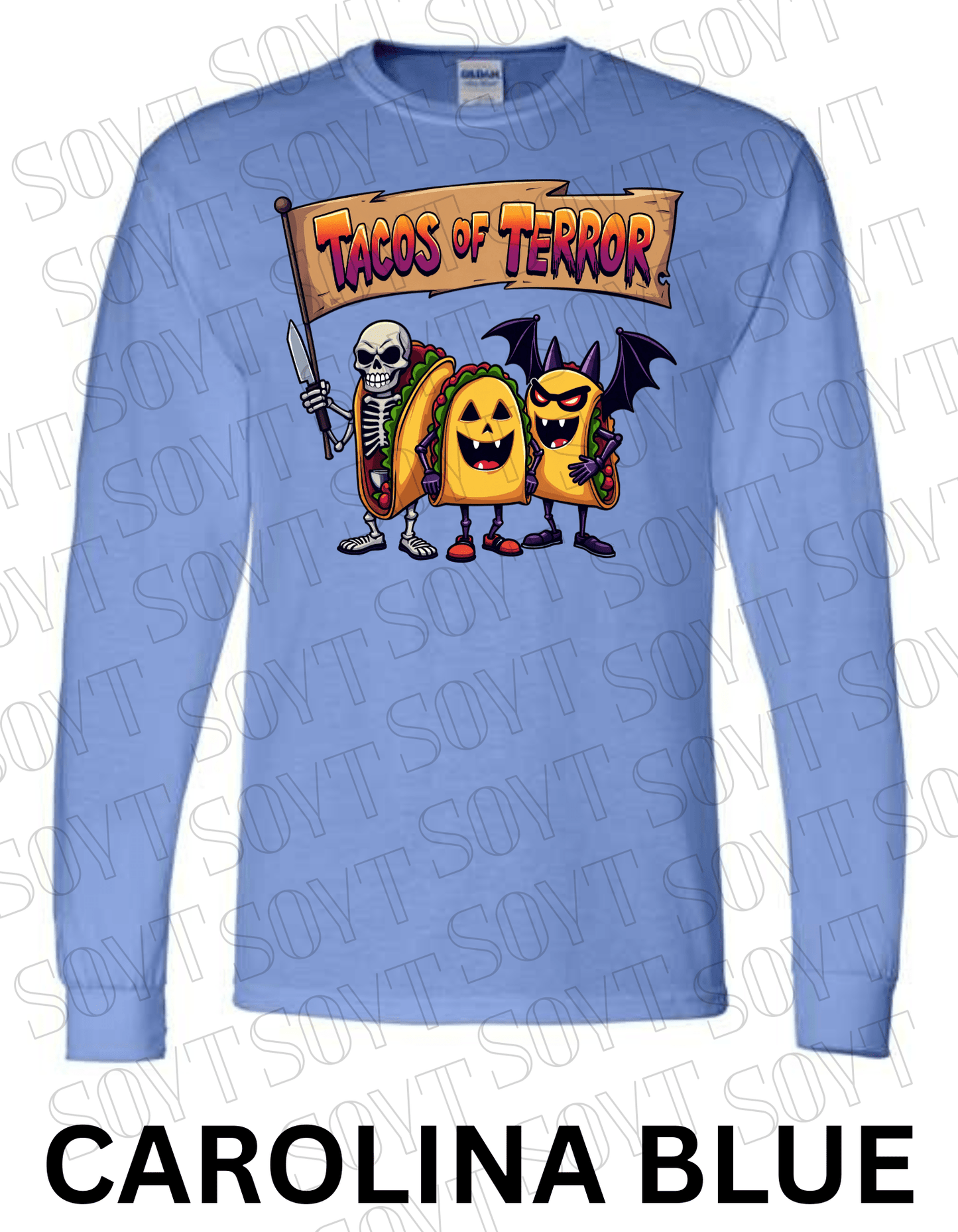 Tacos of Terror Halloween Long Sleeve Shirt – Skeleton & Spooky Taco Trio Graphic Tee - Festive Apparel StoreCarolina Blue