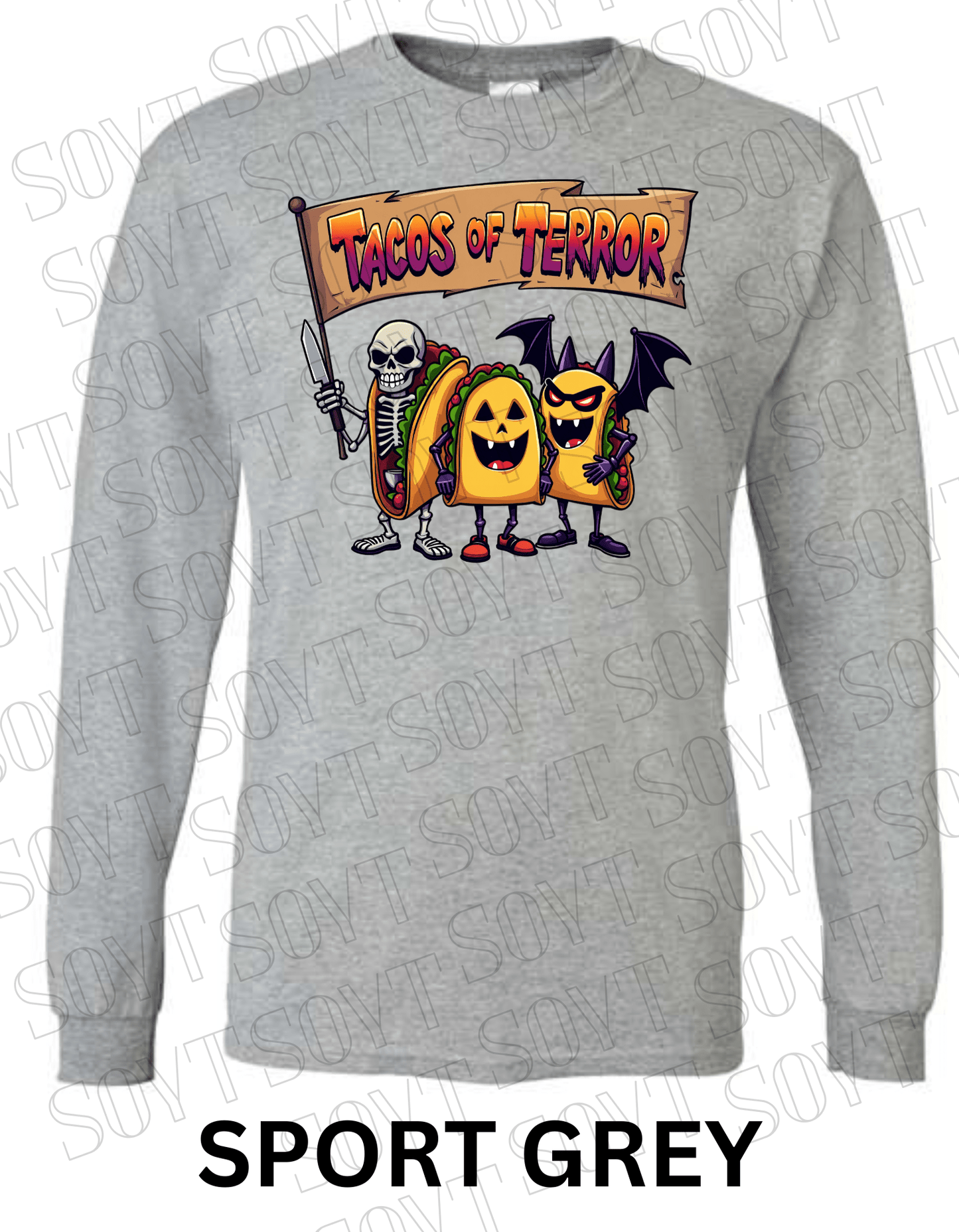 Tacos of Terror Halloween Long Sleeve Shirt – Skeleton & Spooky Taco Trio Graphic Tee - Festive Apparel StoreSport Grey
