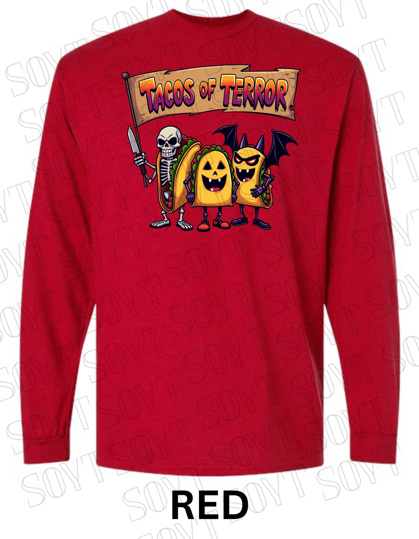 Tacos of Terror Halloween Long Sleeve Shirt – Skeleton & Spooky Taco Trio Graphic Tee - Festive Apparel StoreRed