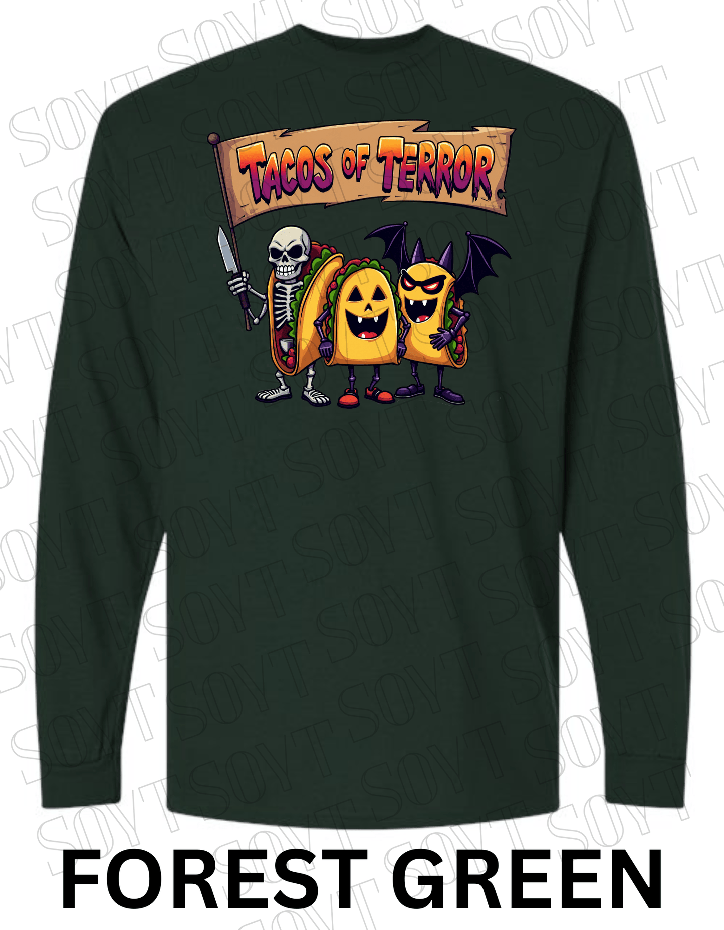 Tacos of Terror Halloween Long Sleeve Shirt – Skeleton & Spooky Taco Trio Graphic Tee - Festive Apparel StoreForest Green