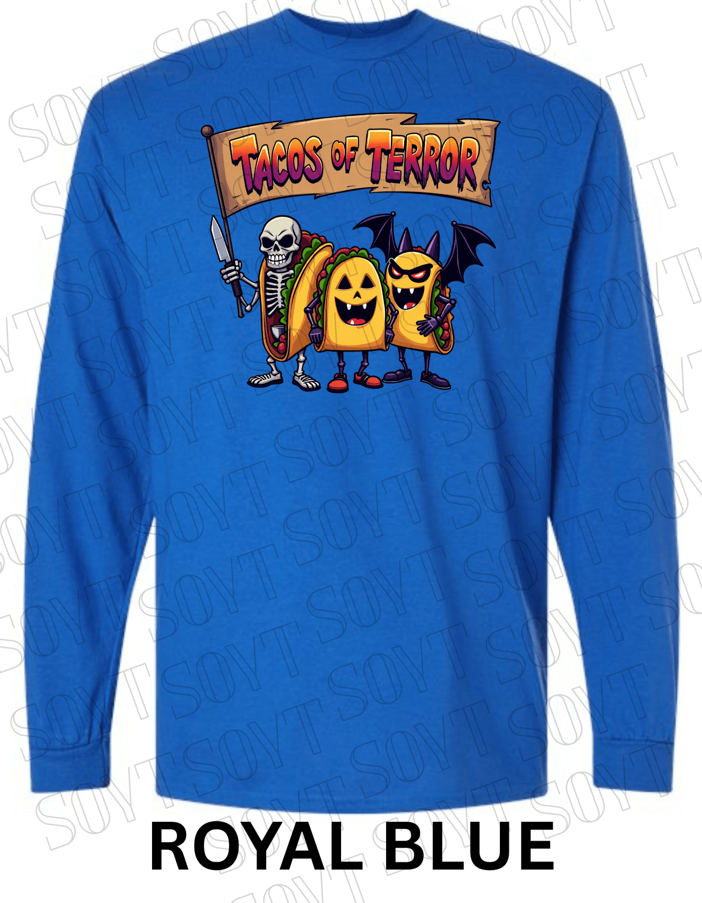 Tacos of Terror Halloween Long Sleeve Shirt – Skeleton & Spooky Taco Trio Graphic Tee - Festive Apparel StoreRoyal Blue