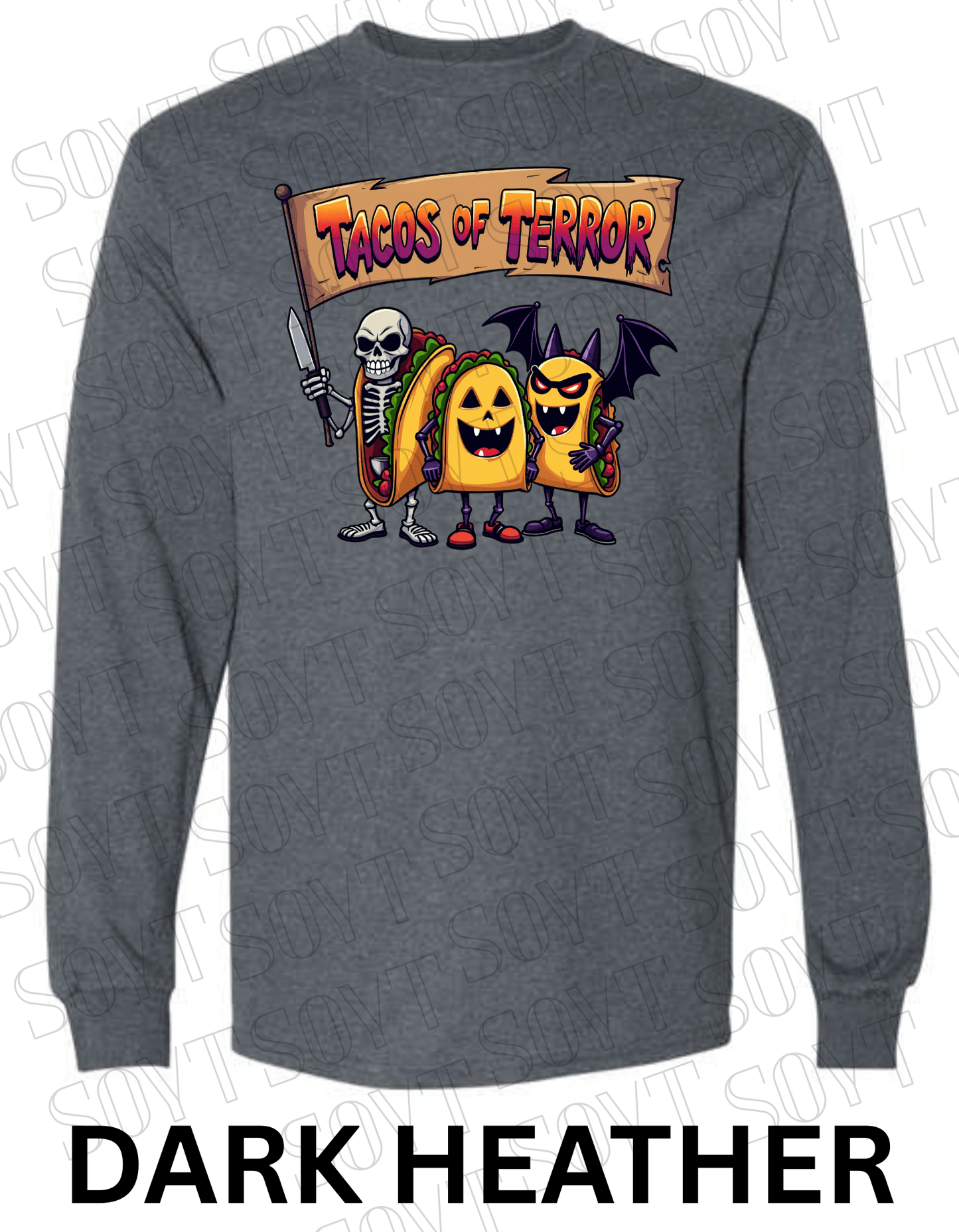 Tacos of Terror Halloween Long Sleeve Shirt – Skeleton & Spooky Taco Trio Graphic Tee - Festive Apparel StoreDark Heather