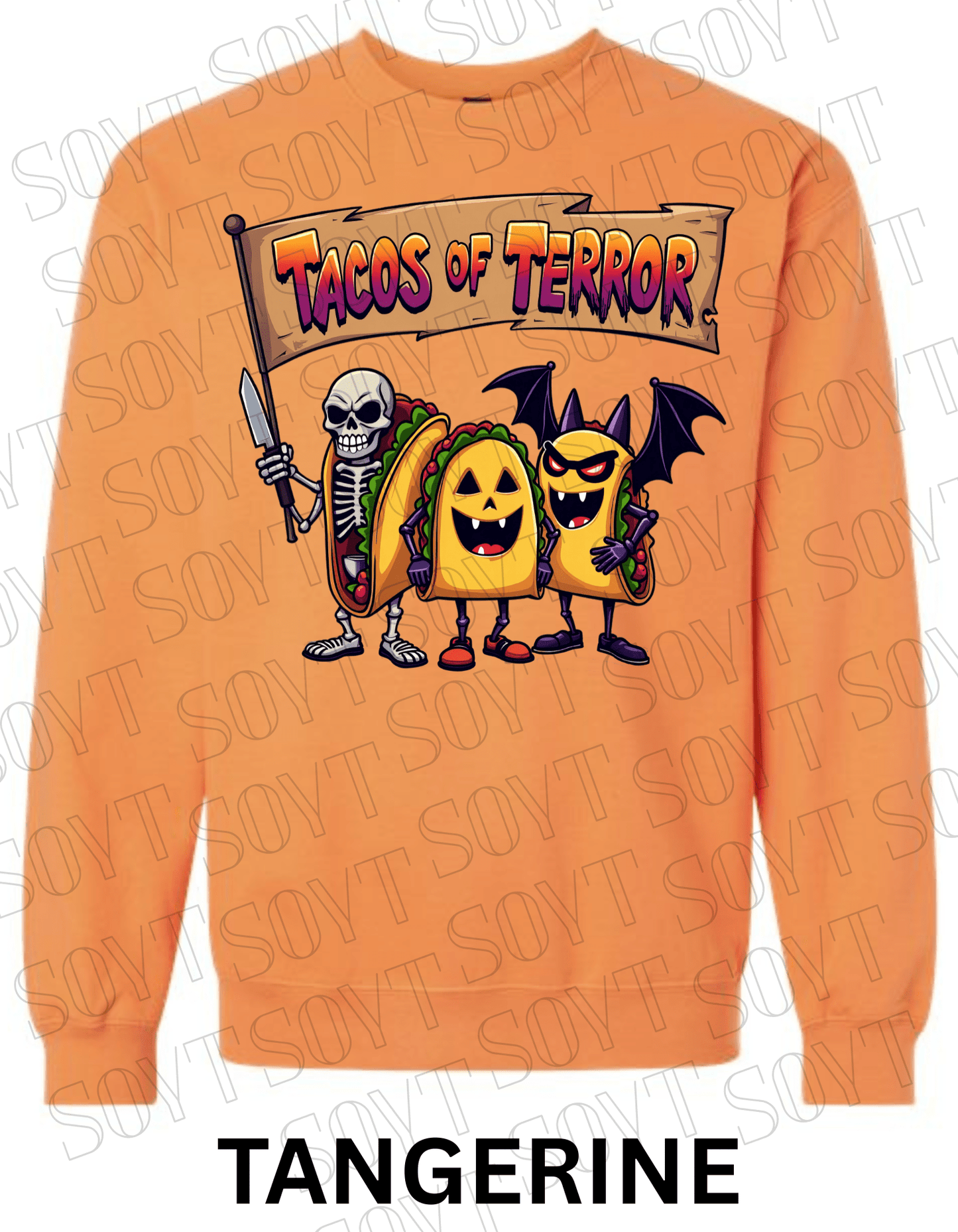 Tacos of Terror Halloween Sweatshirt – Skeleton & Spooky Taco Graphic Pullover - Festive Apparel StoreTangerine