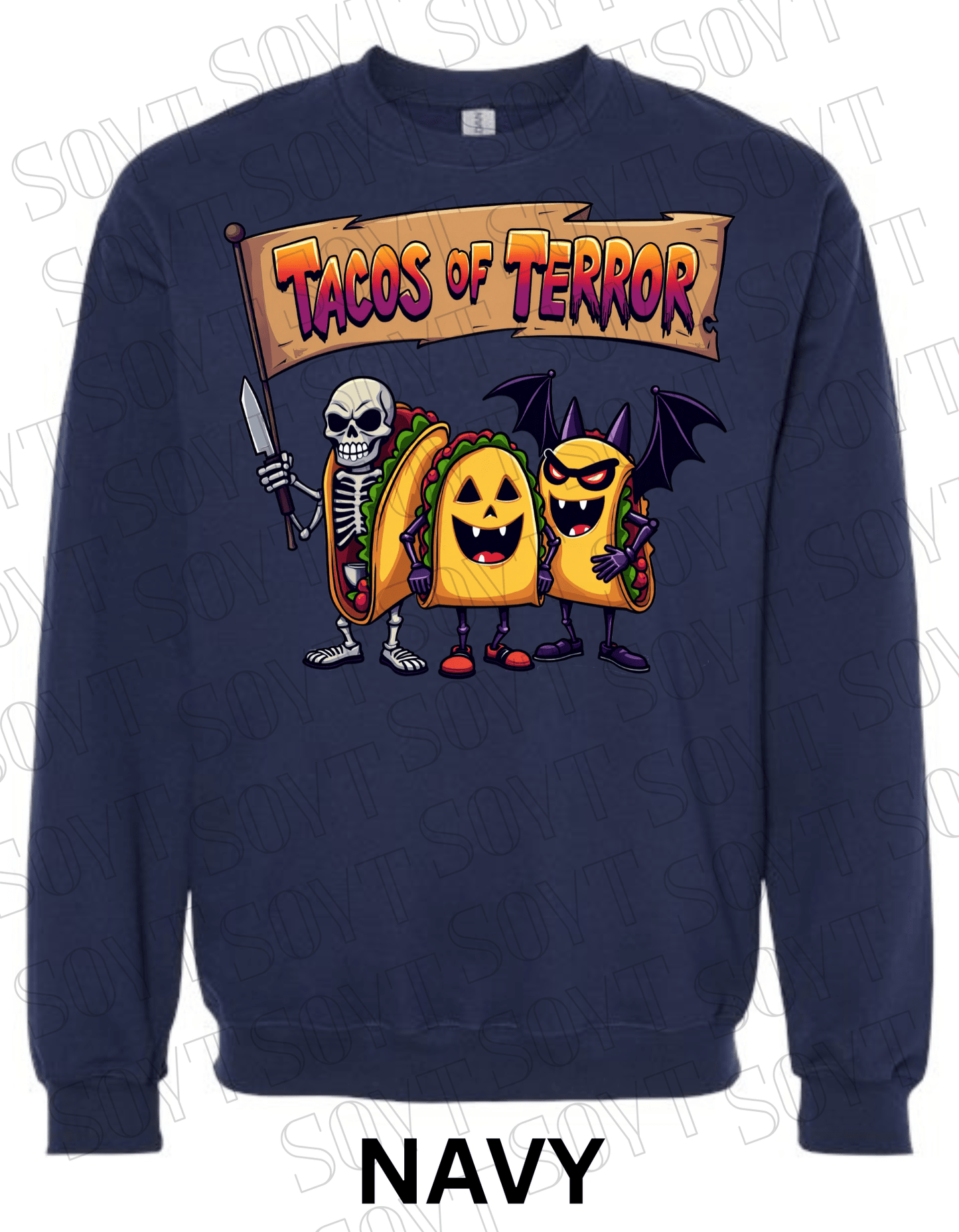 Tacos of Terror Halloween Sweatshirt – Skeleton & Spooky Taco Graphic Pullover - Festive Apparel StoreNavy Blue