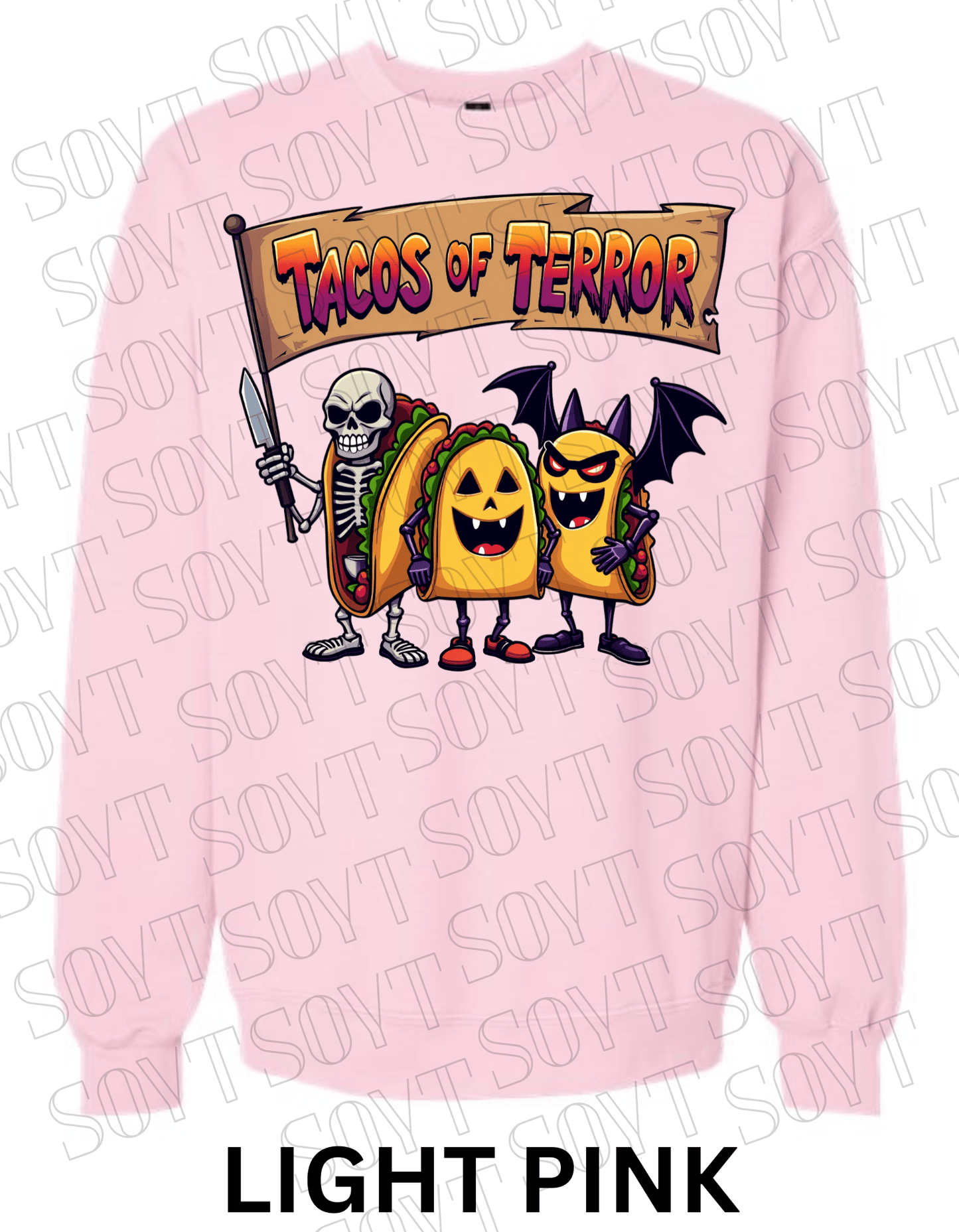 Tacos of Terror Halloween Sweatshirt – Skeleton & Spooky Taco Graphic Pullover - Festive Apparel StoreLight Pink
