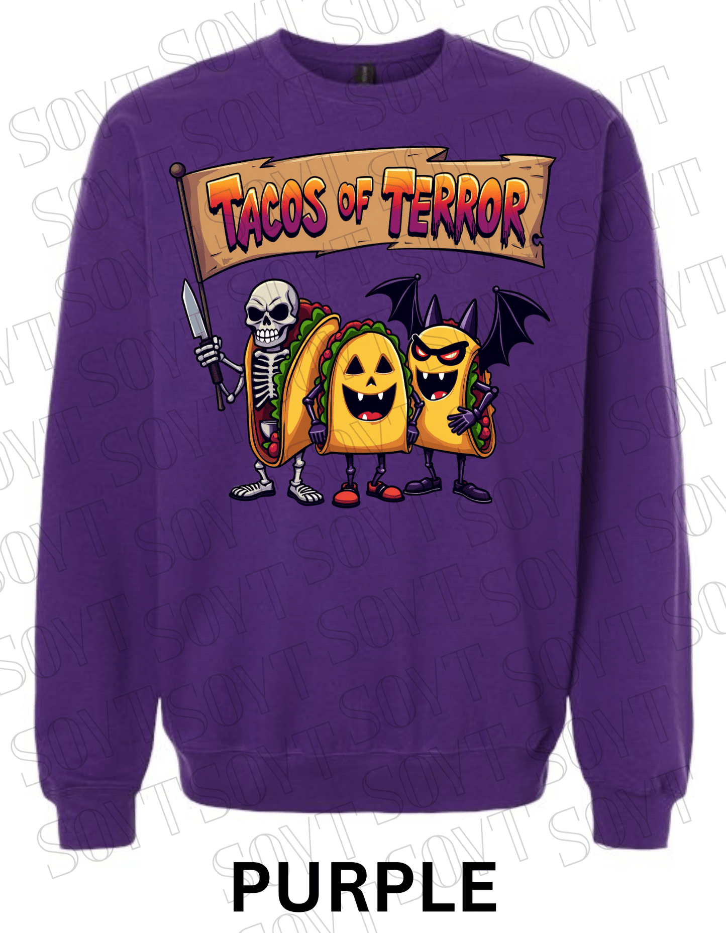 Tacos of Terror Halloween Sweatshirt – Skeleton & Spooky Taco Graphic Pullover - Festive Apparel StorePurple