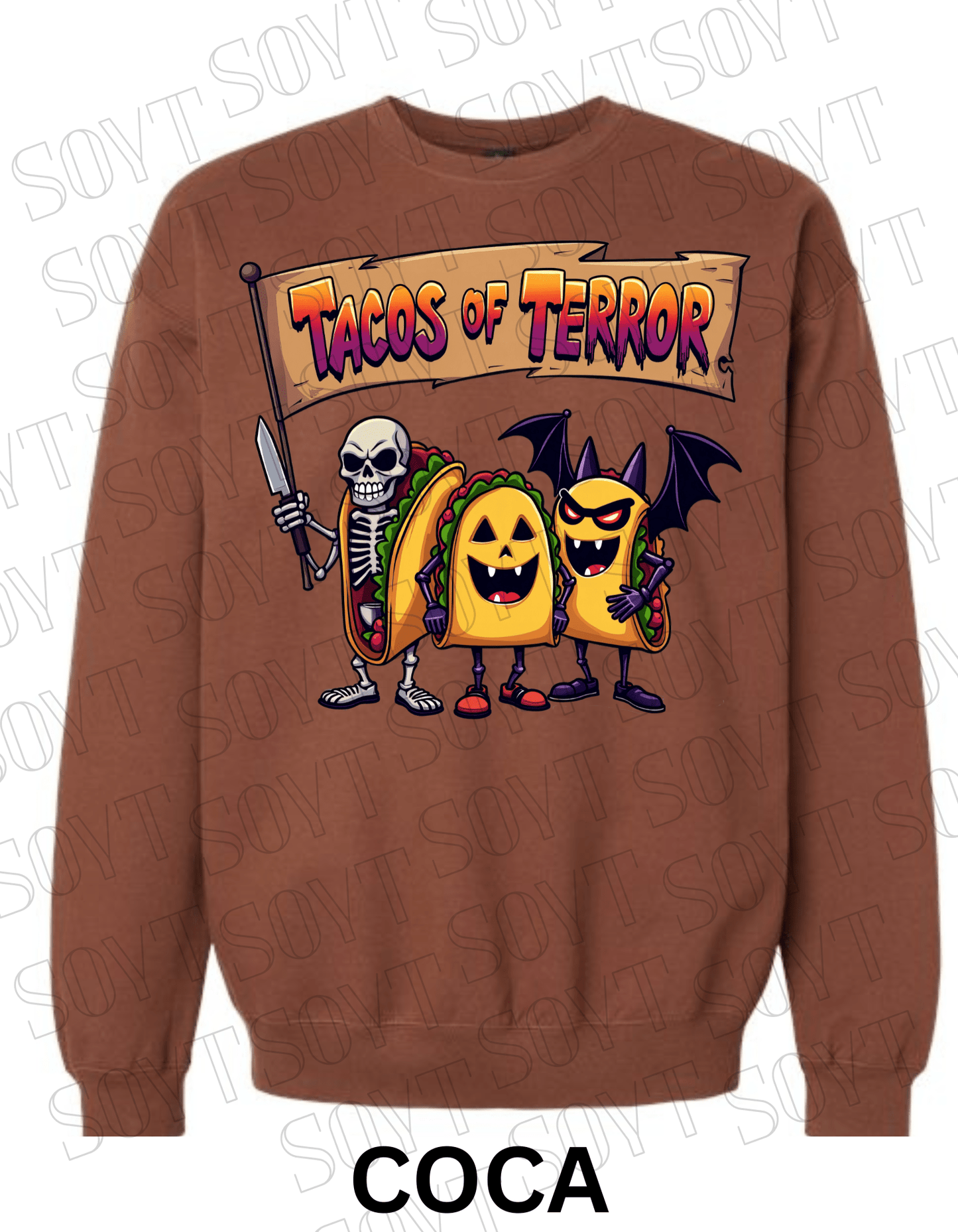 Tacos of Terror Halloween Sweatshirt – Skeleton & Spooky Taco Graphic Pullover - Festive Apparel StoreCocoa Brown