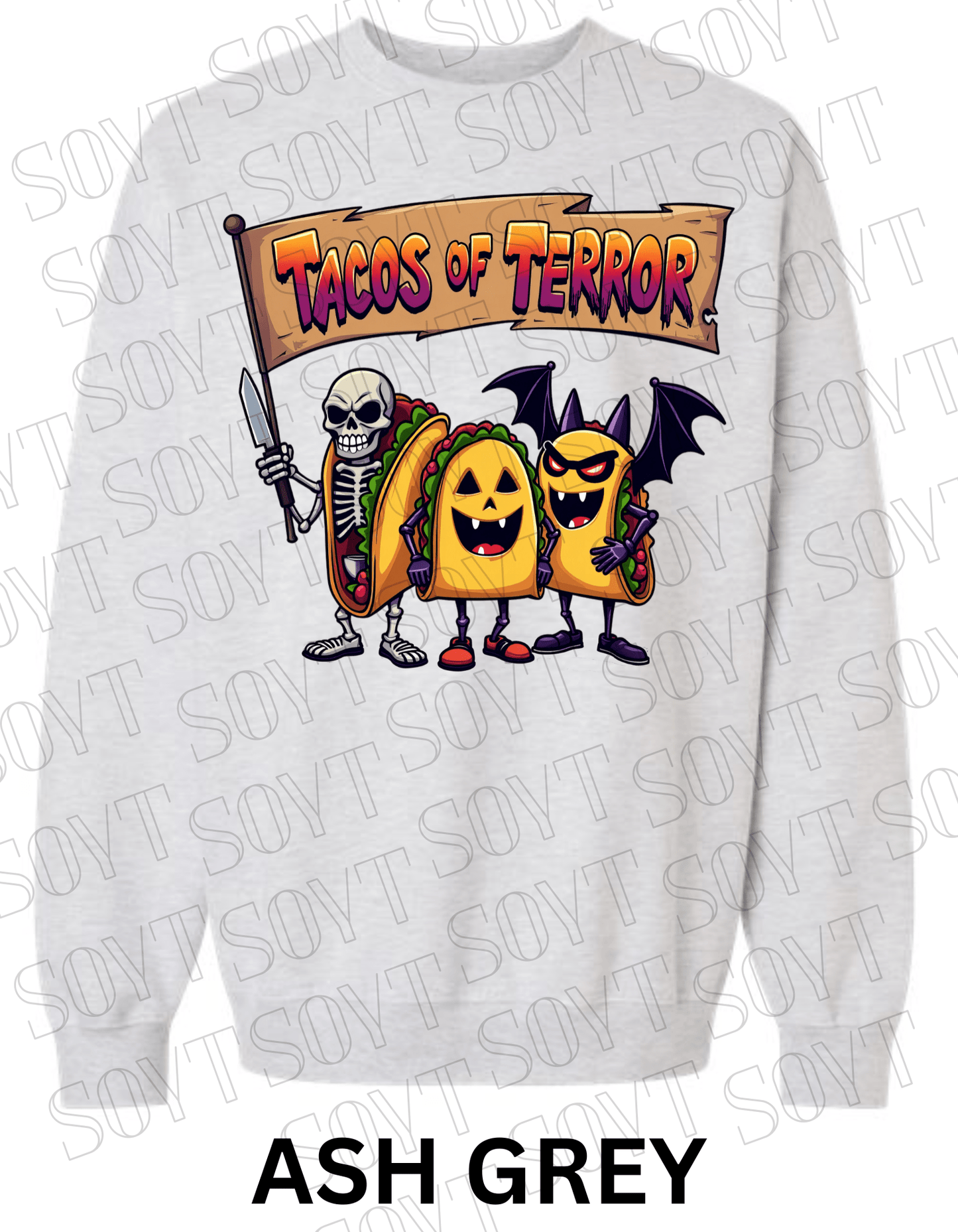 Tacos of Terror Halloween Sweatshirt – Skeleton & Spooky Taco Graphic Pullover - Festive Apparel StoreAsh Grey