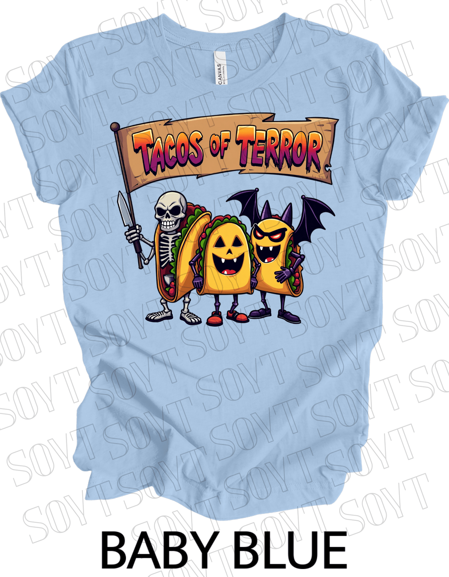 Tacos of Terror Halloween T-Shirt – Skeleton & Spooky Taco Graphic Tee - Festive Apparel StoreBaby Blue