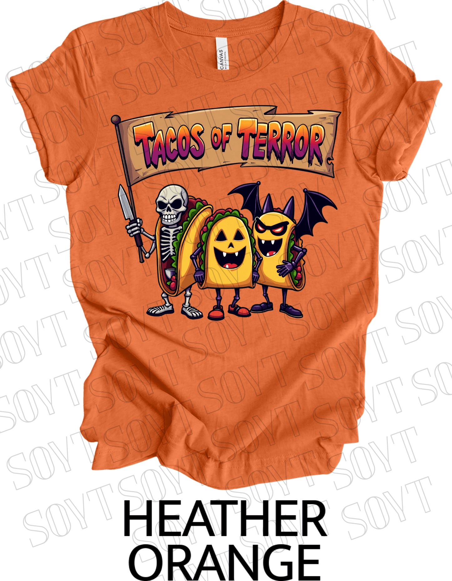 Tacos of Terror Halloween T-Shirt – Skeleton & Spooky Taco Graphic Tee - Festive Apparel StoreHeather Orange