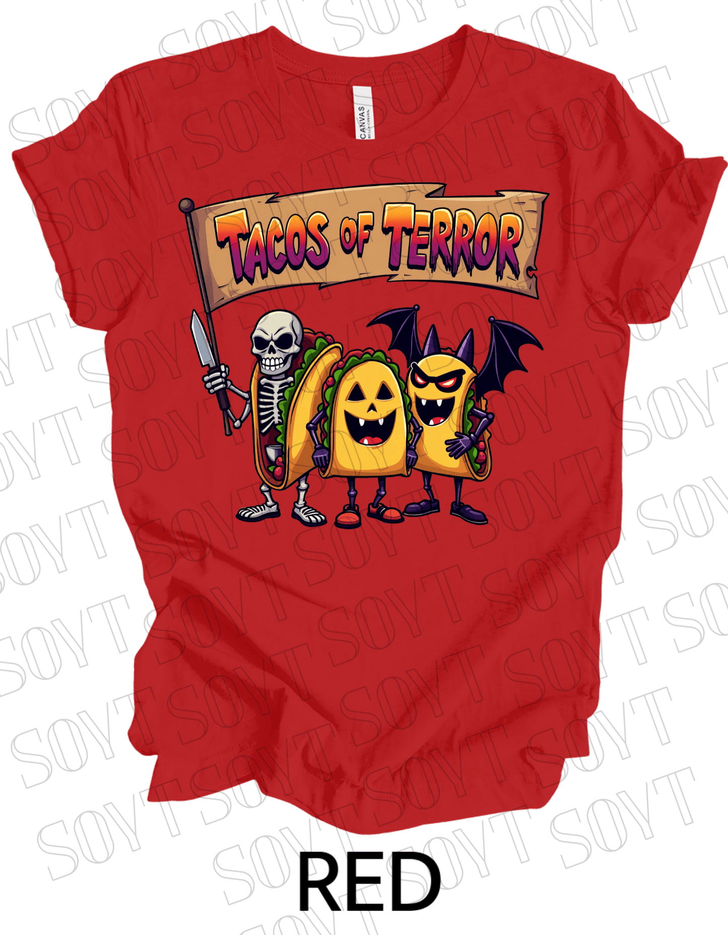 Tacos of Terror Halloween T-Shirt – Skeleton & Spooky Taco Graphic Tee - Festive Apparel StoreRed