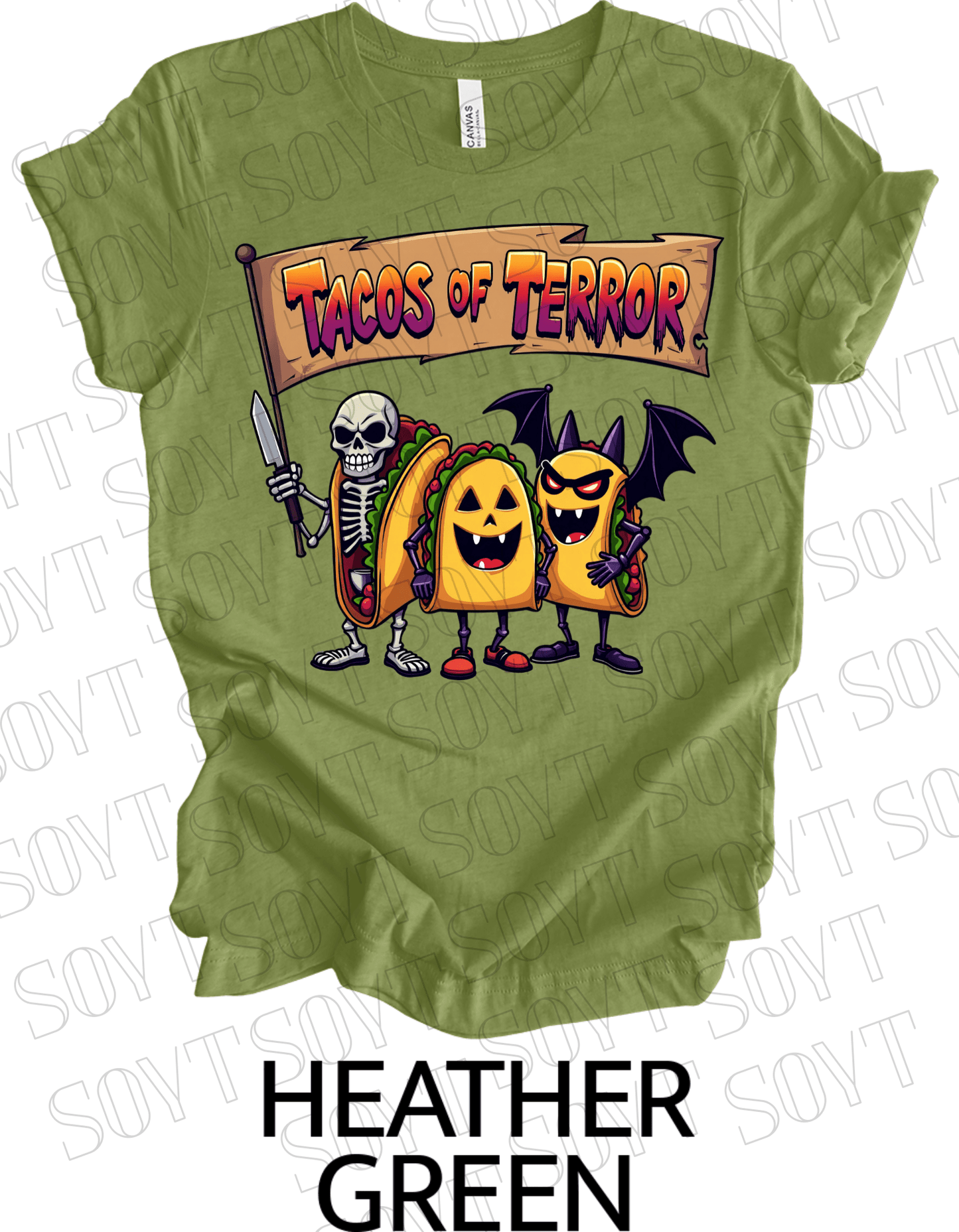 Tacos of Terror Halloween T-Shirt – Skeleton & Spooky Taco Graphic Tee - Festive Apparel StoreHeather Green