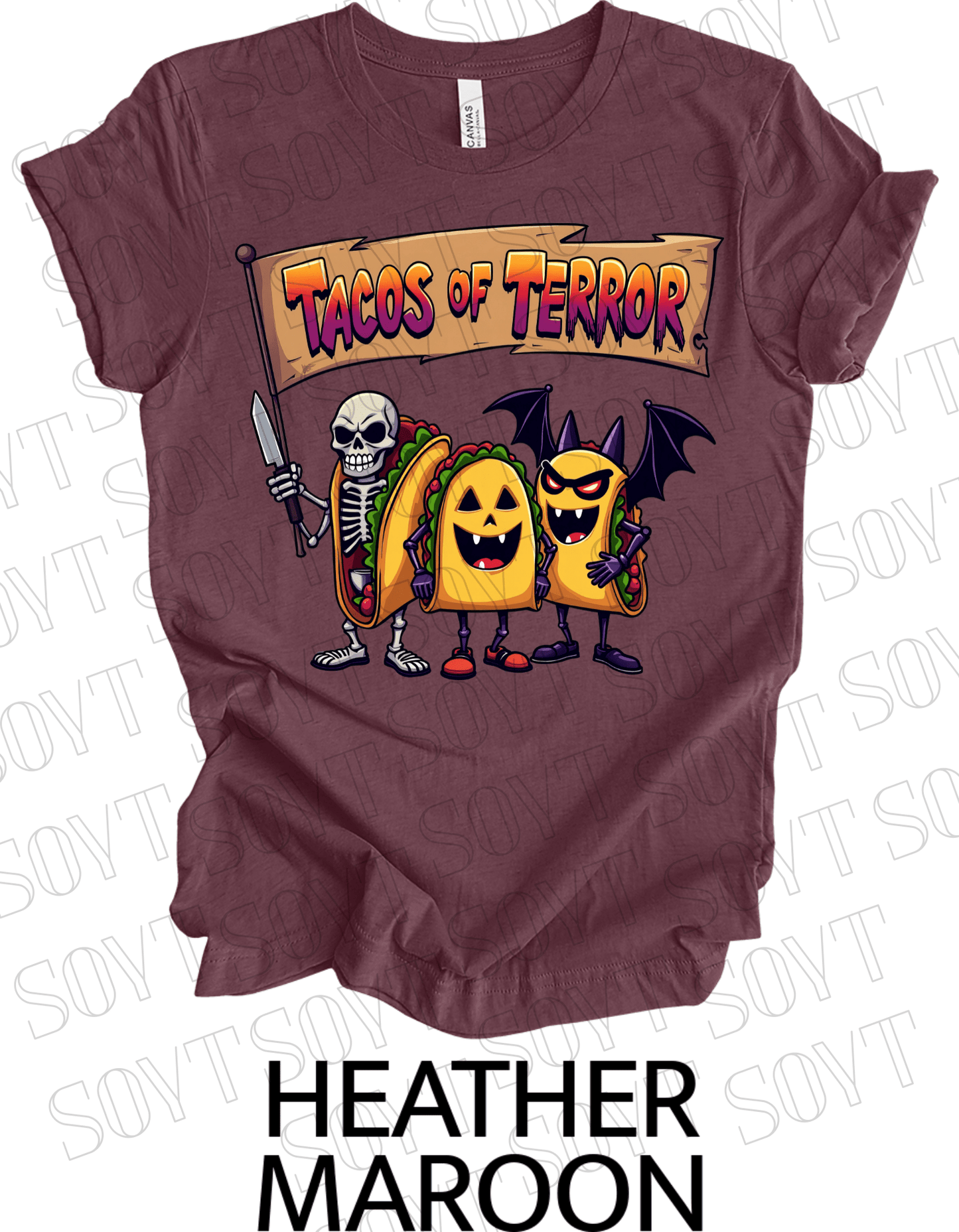 Tacos of Terror Halloween T-Shirt – Skeleton & Spooky Taco Graphic Tee - Festive Apparel StoreHeather Maroon
