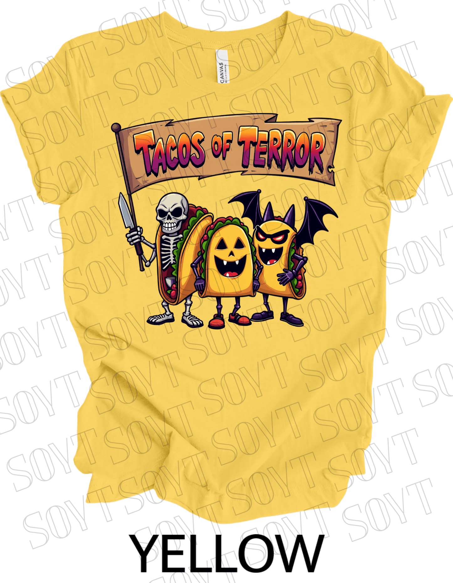 Tacos of Terror Halloween T-Shirt – Skeleton & Spooky Taco Graphic Tee - Festive Apparel StoreYellow