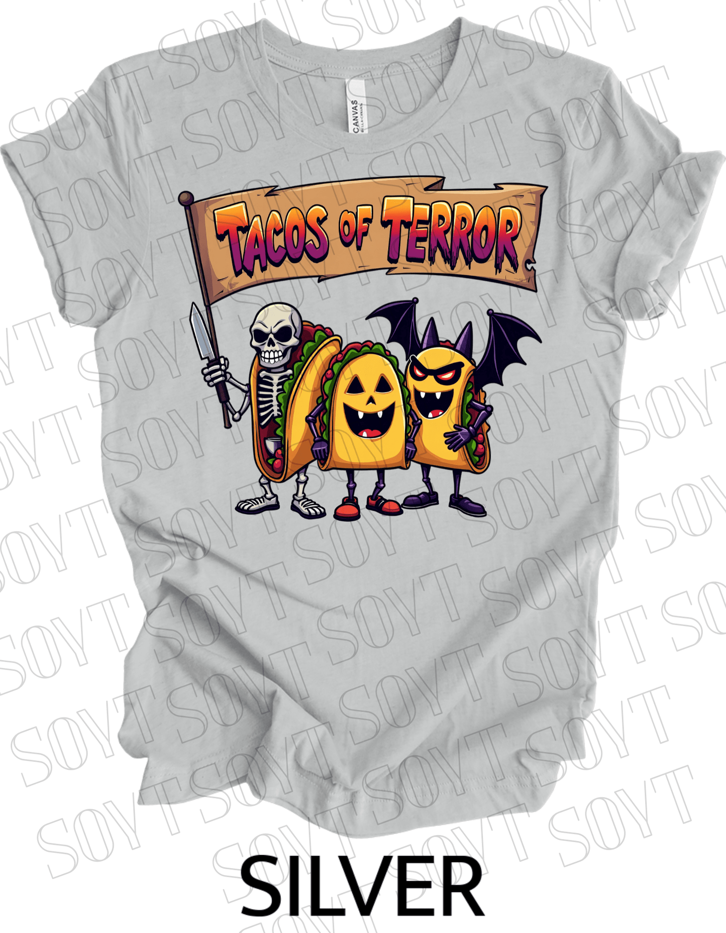 Tacos of Terror Halloween T-Shirt – Skeleton & Spooky Taco Graphic Tee - Festive Apparel StoreSilver