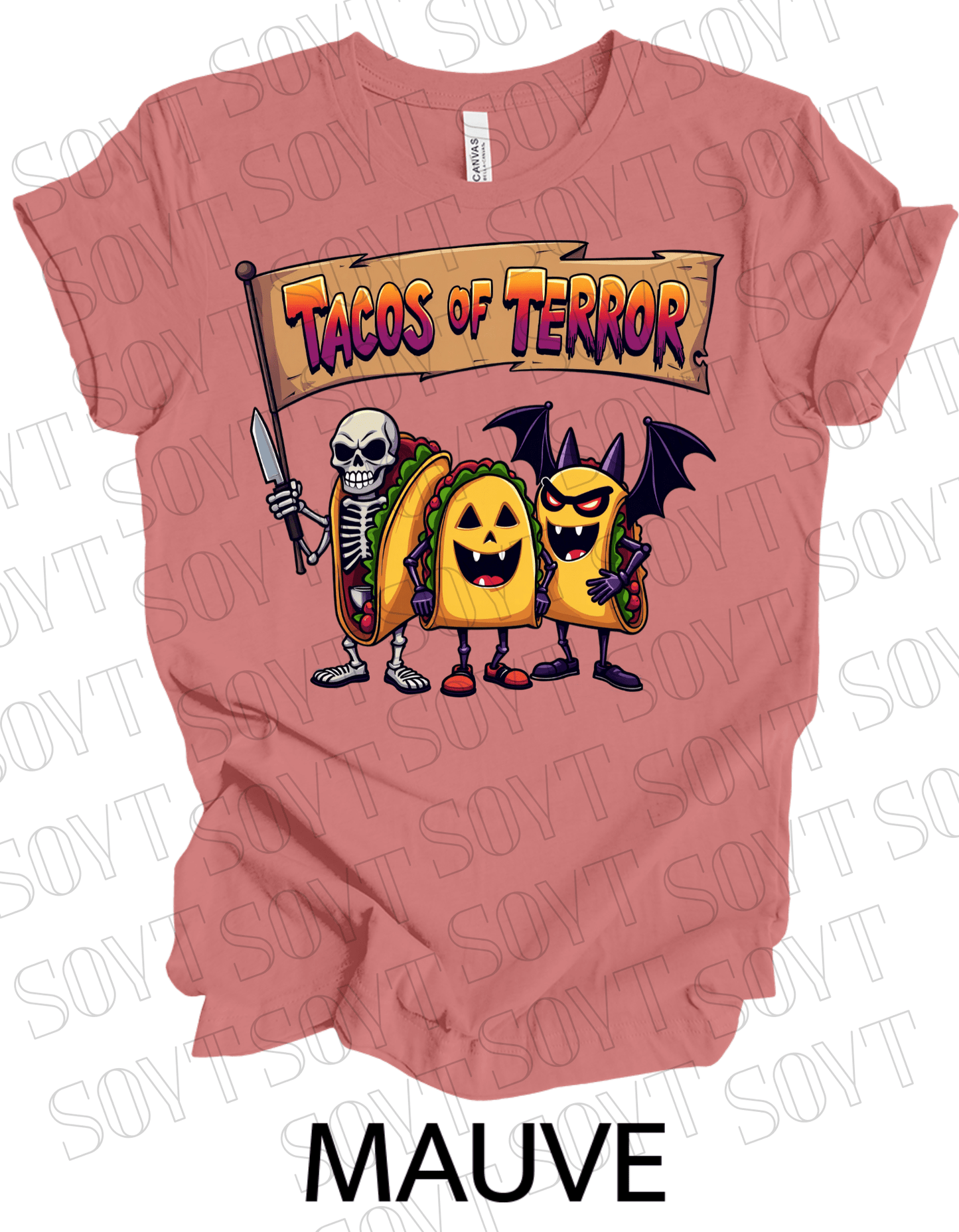 Tacos of Terror Halloween T-Shirt – Skeleton & Spooky Taco Graphic Tee - Festive Apparel StoreMauve